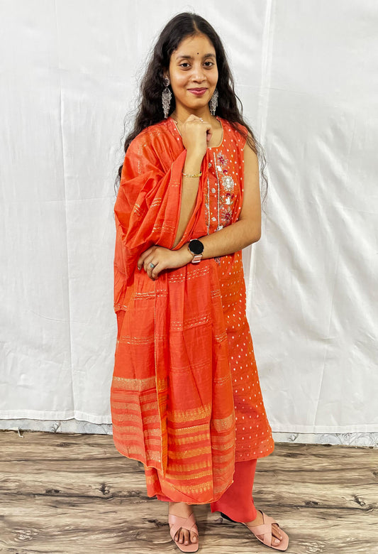 MAURYA Women Gajri Printed Viscose Chanderi Kurta Set with Dupatta (WMKS021)