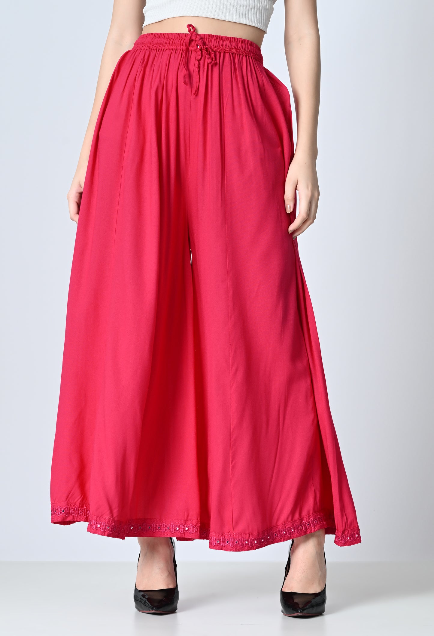 MAURYA Women Solid Rayon Palazzo with Elastic Waist & Lace Hem