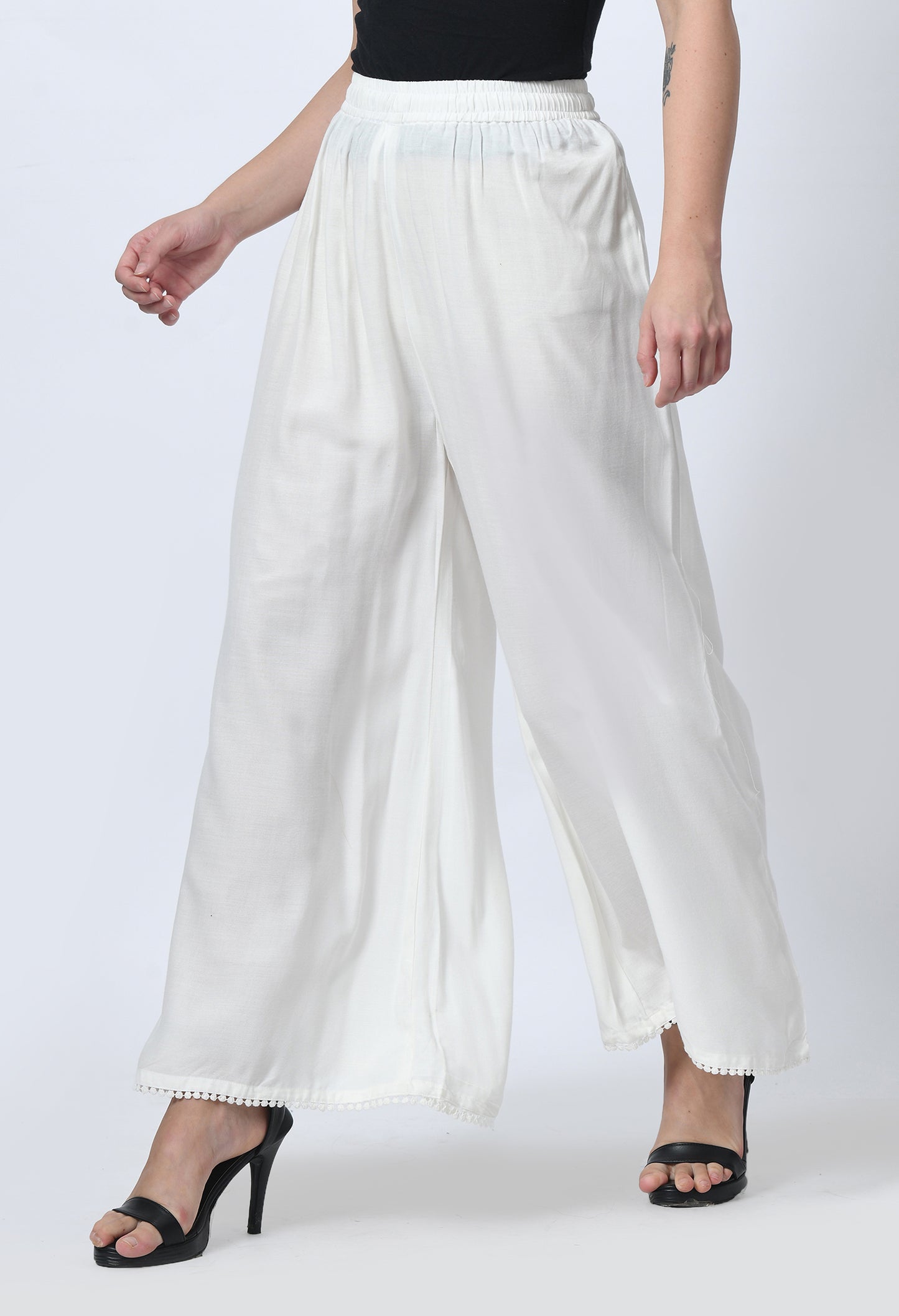 MAURYA Women Solid Rayon Palazzo with Elastic Waist & Lace Hem