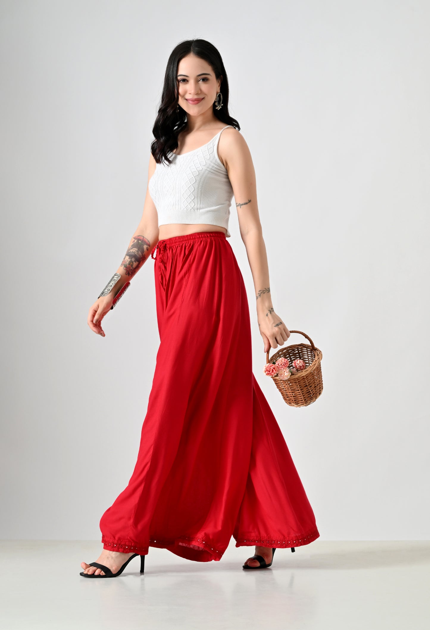 MAURYA Women Solid Rayon Palazzo with Elastic Waist & Lace Hem