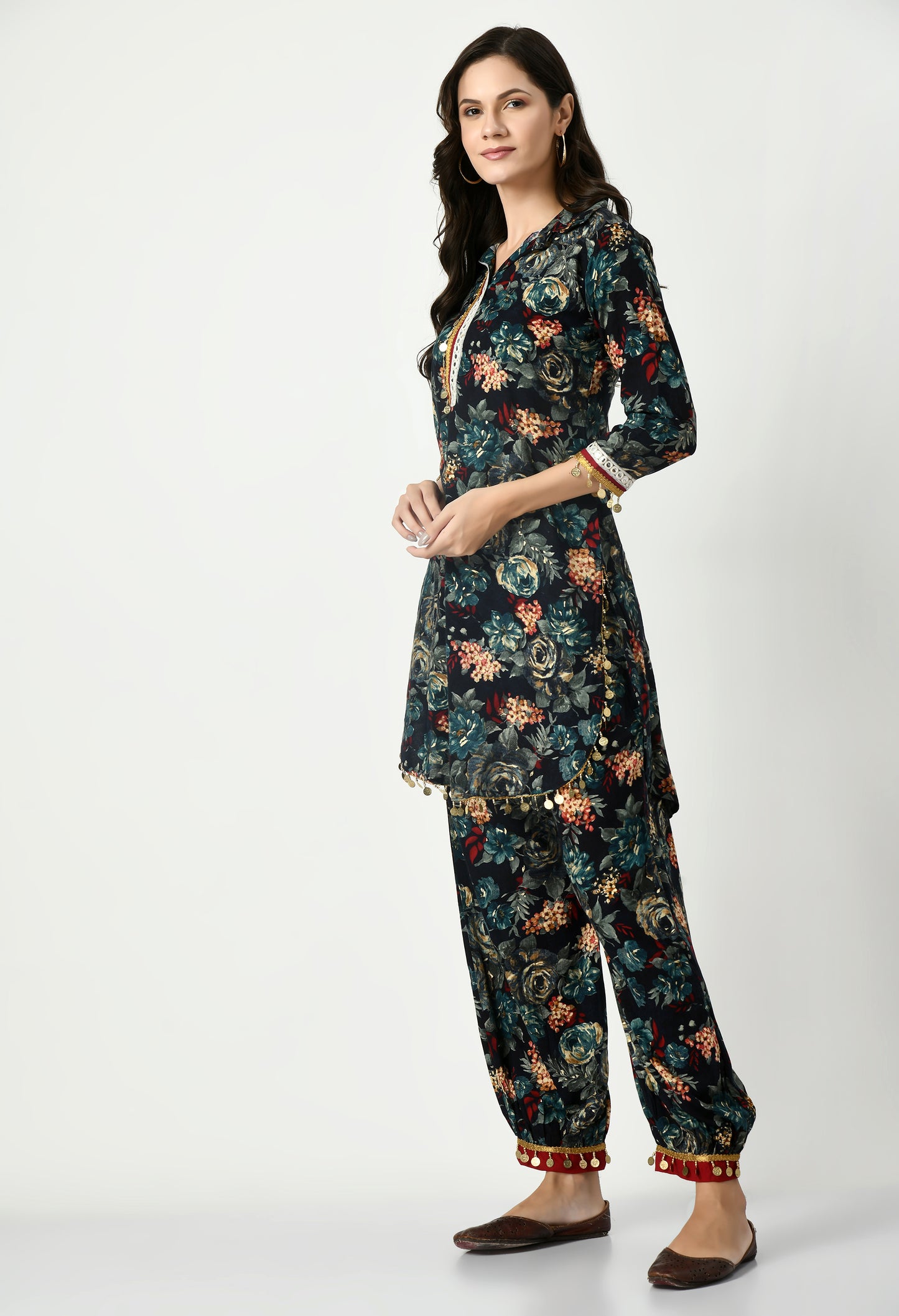 MAURYA Women's Rayon Black Floral Print Laced Ethnic Afgani Co-ord Set with 2 Side Pockets (MCS026)