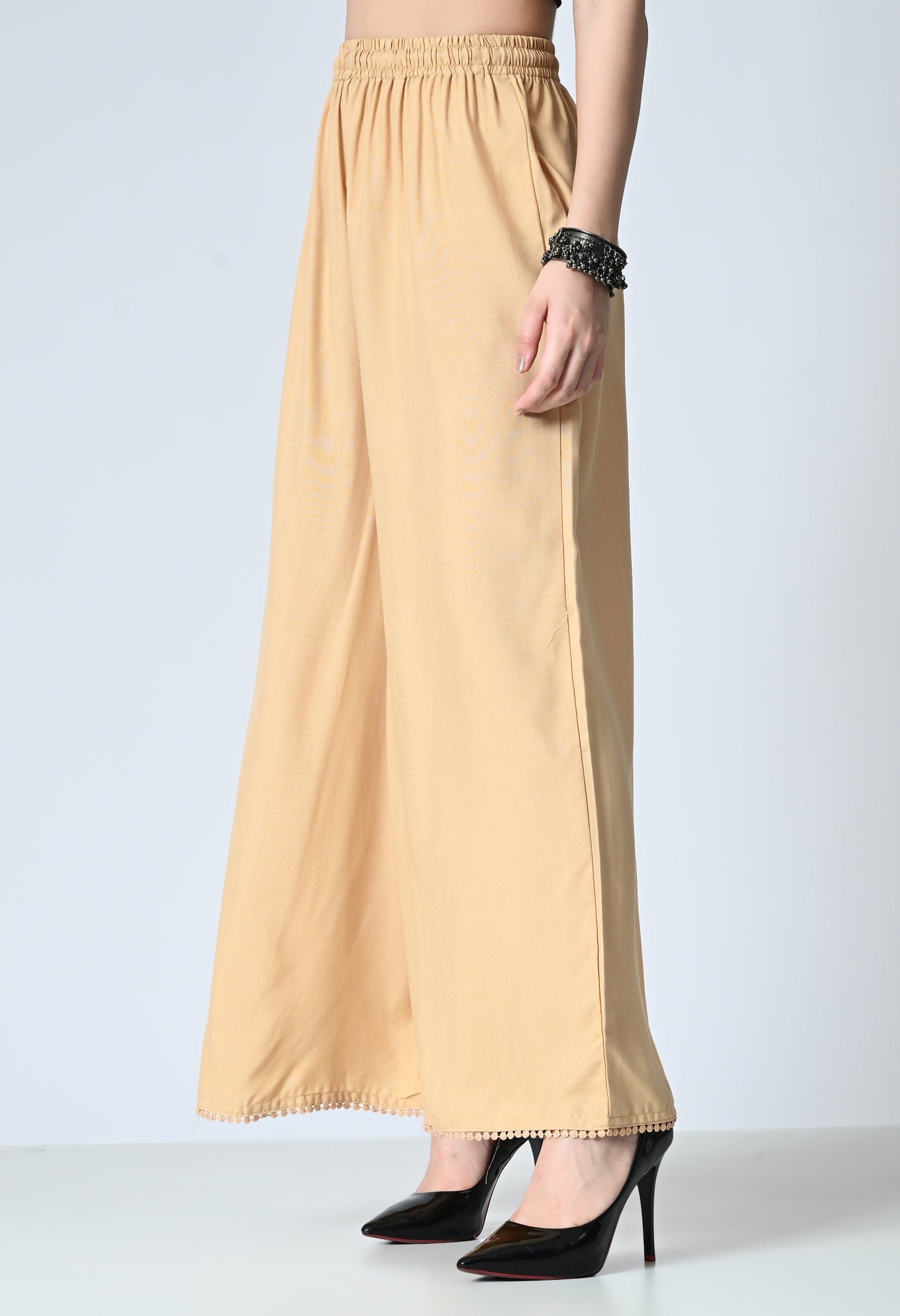 MAURYA Women Solid Rayon Palazzo with Elastic Waist & Lace Hem