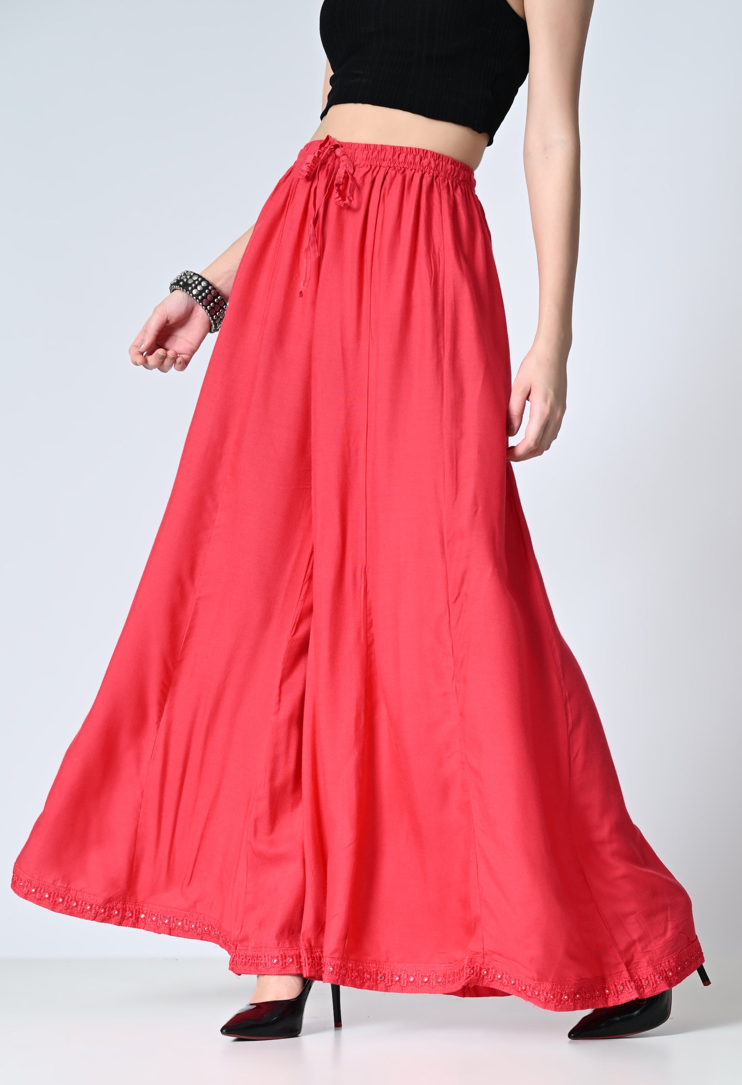 MAURYA Women Solid Rayon Palazzo with Elastic Waist & Lace Hem