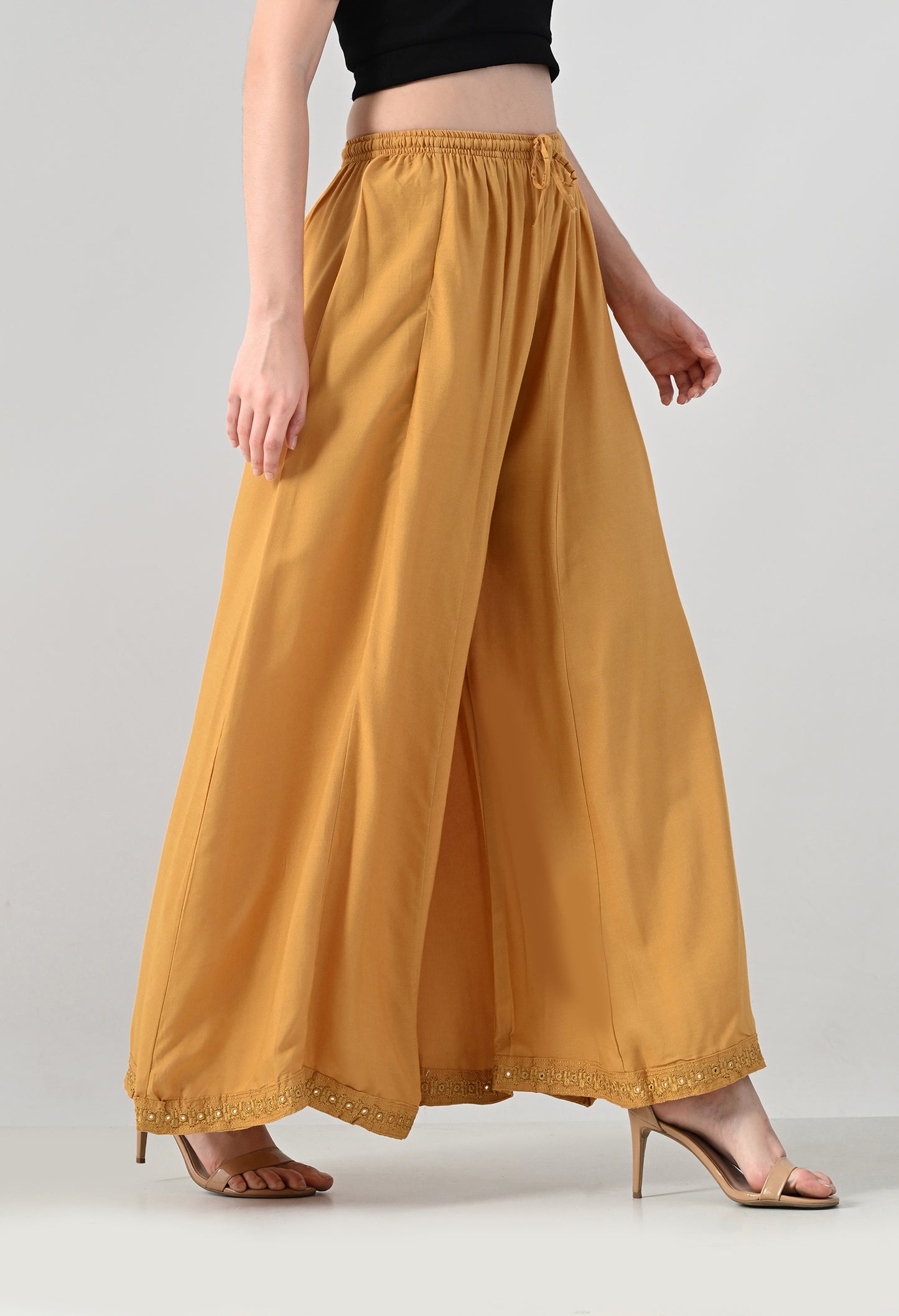 MAURYA Women Solid Rayon Palazzo with Elastic Waist & Lace Hem