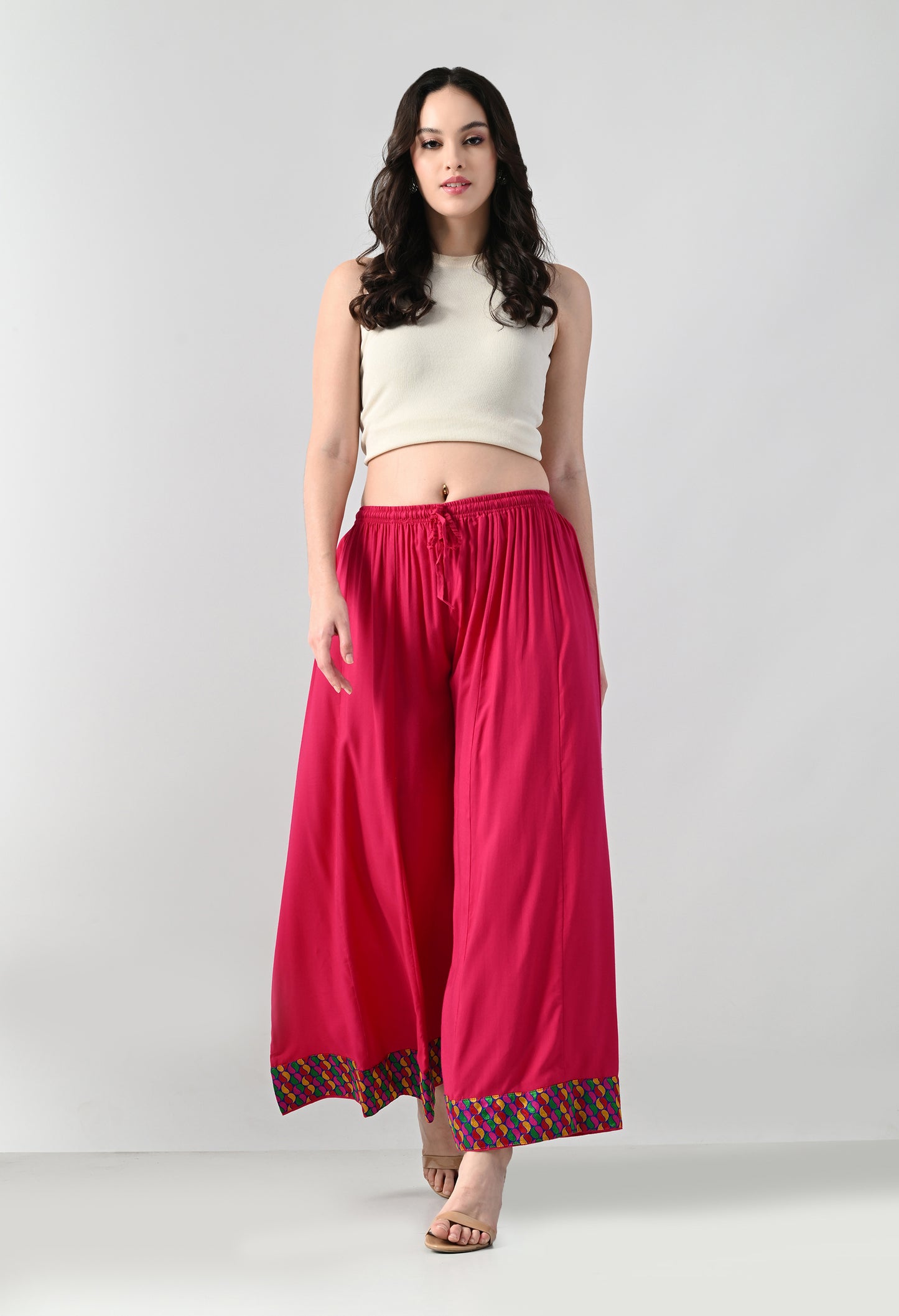 MAURYA Women Solid Rayon Palazzo with Elastic Waist & Lace Hem