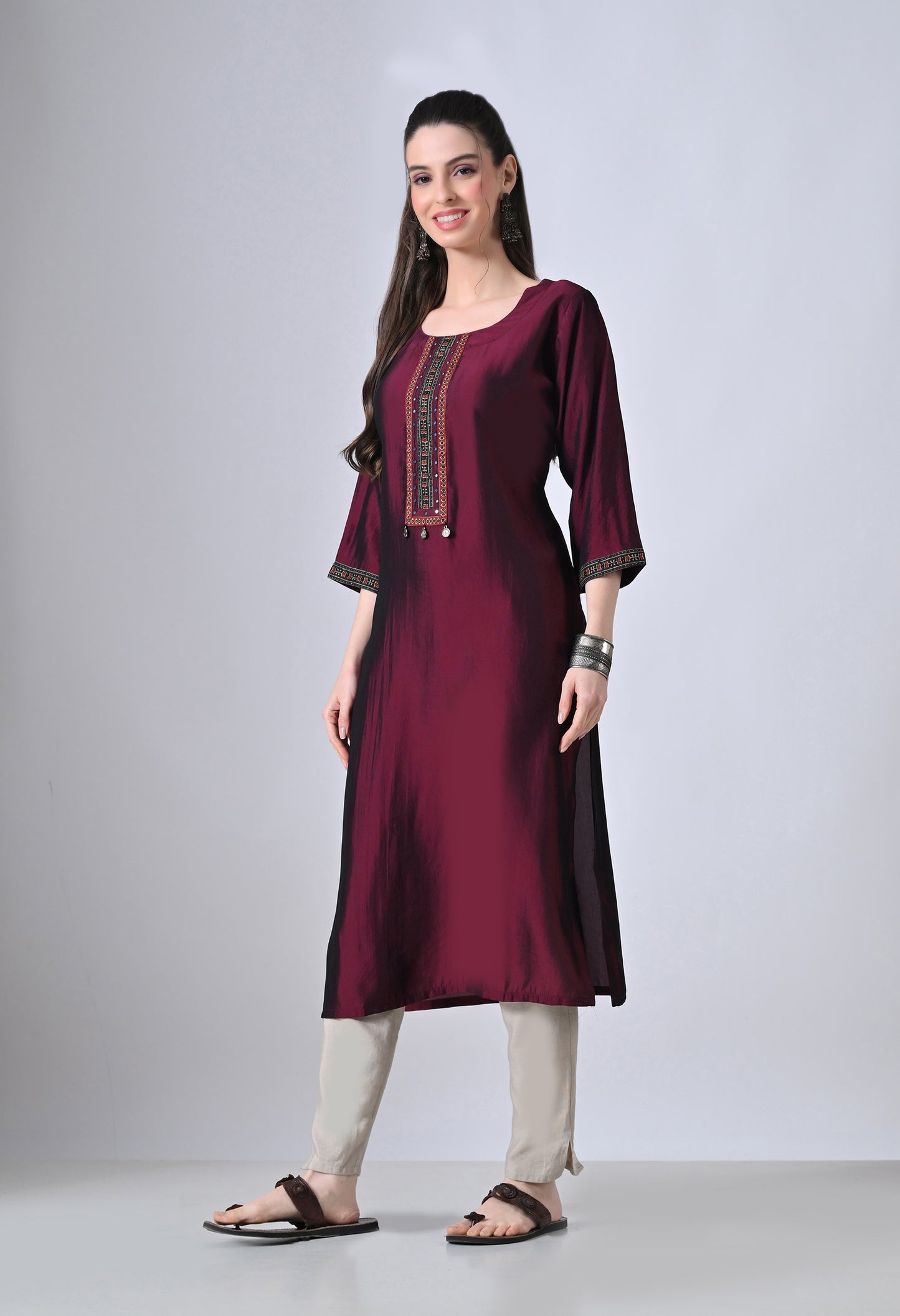 MAURYA Women’s Solid Silk Straight Kurti with Mirror Work Yoke