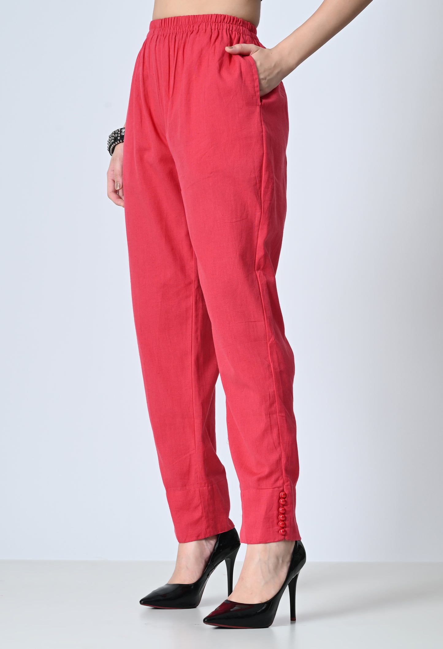 MAURYA Women’s Cotton Straight Fit Pants with Side Pockets & Button Detail