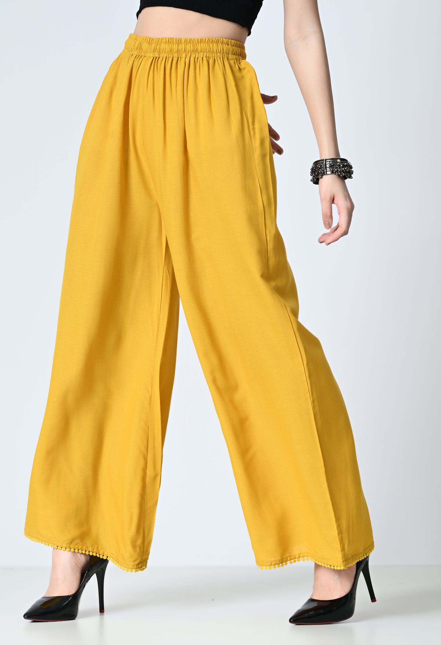 MAURYA Women Solid Rayon Palazzo with Elastic Waist & Lace Hem