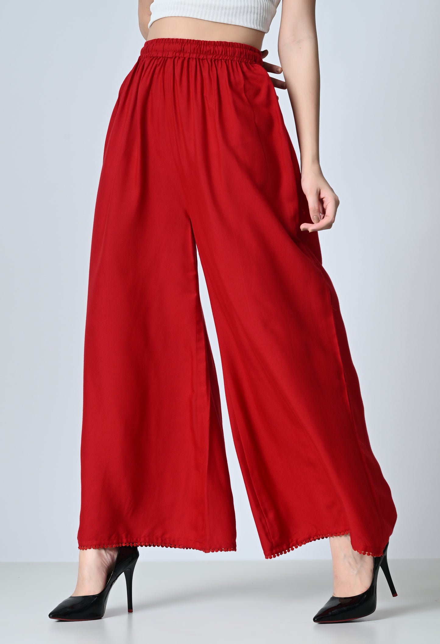 MAURYA Women Solid Rayon Palazzo with Elastic Waist & Lace Hem