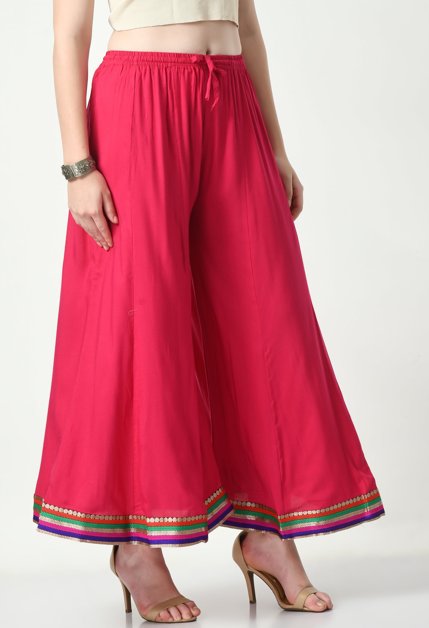MAURYA Women Solid Rayon Palazzo with Elastic Waist & Lace Hem