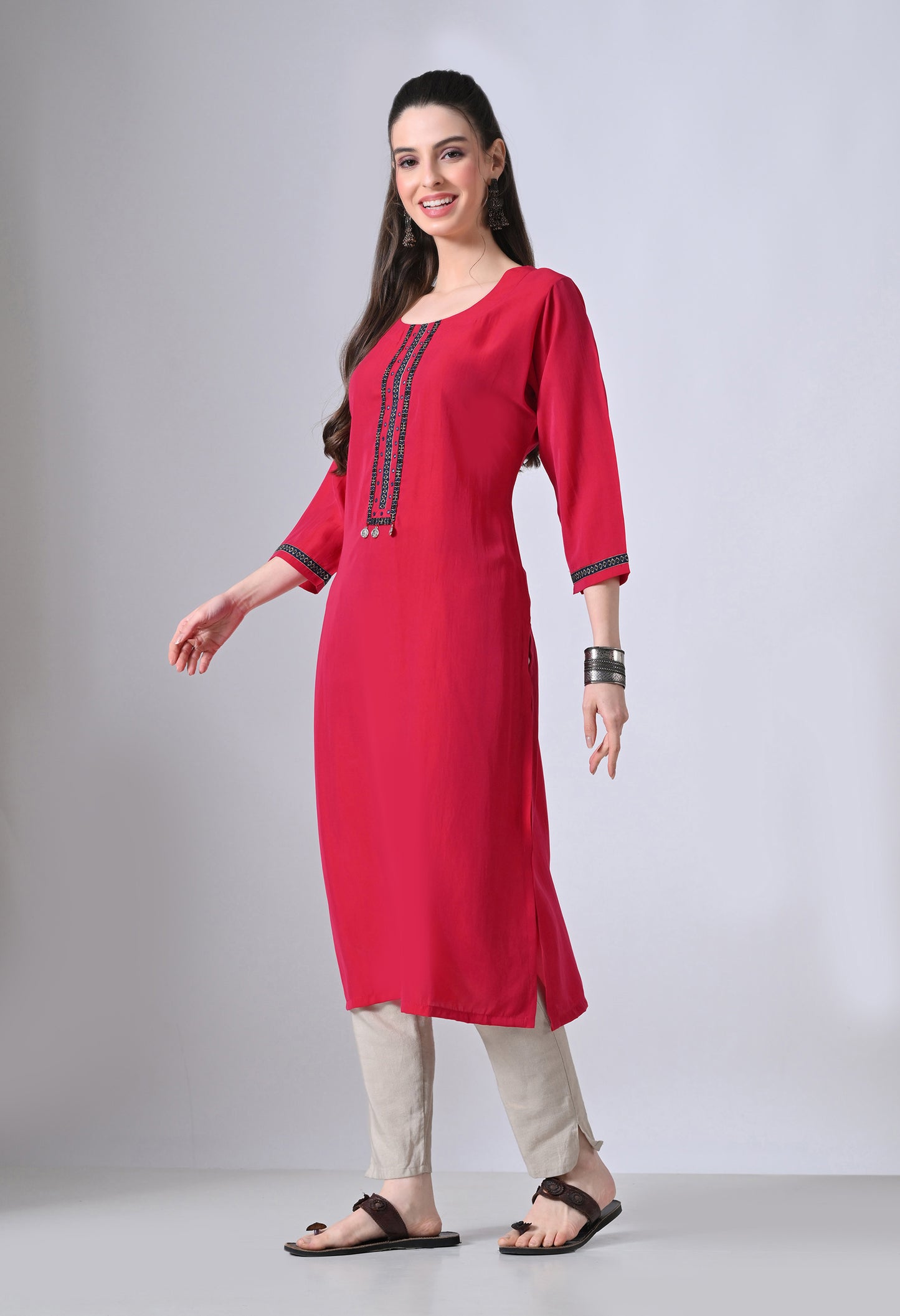 MAURYA Women’s Solid Silk Straight Kurti with Mirror Work Yoke