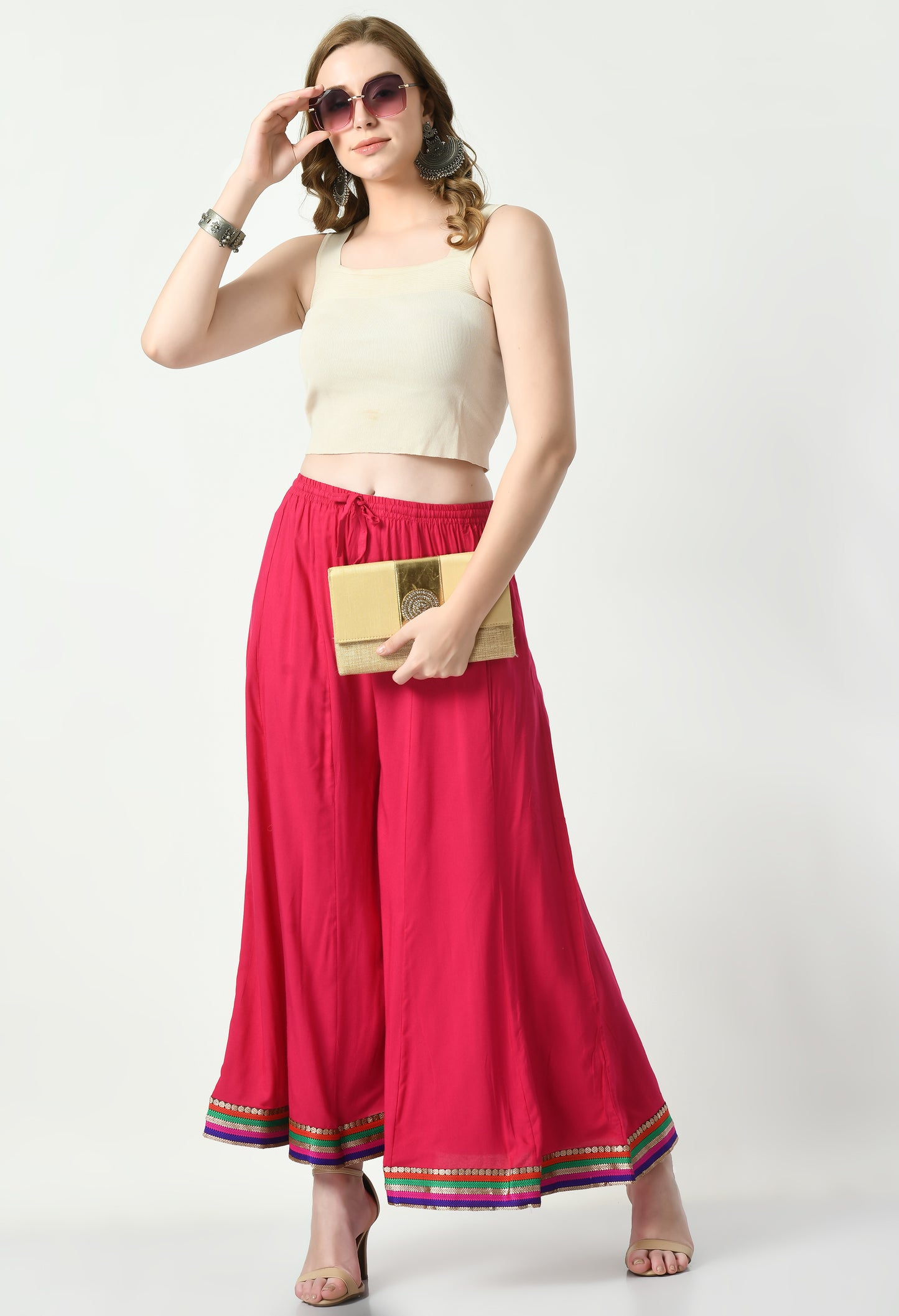 MAURYA Women Solid Rayon Palazzo with Elastic Waist & Lace Hem