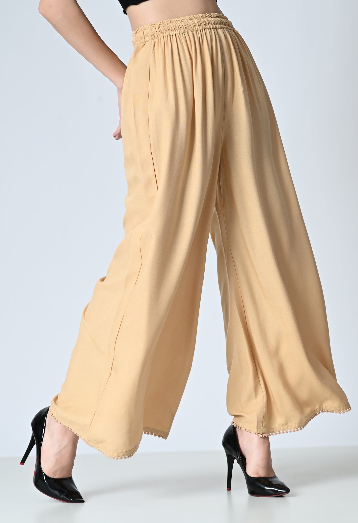 MAURYA Women Solid Rayon Palazzo with Elastic Waist & Lace Hem