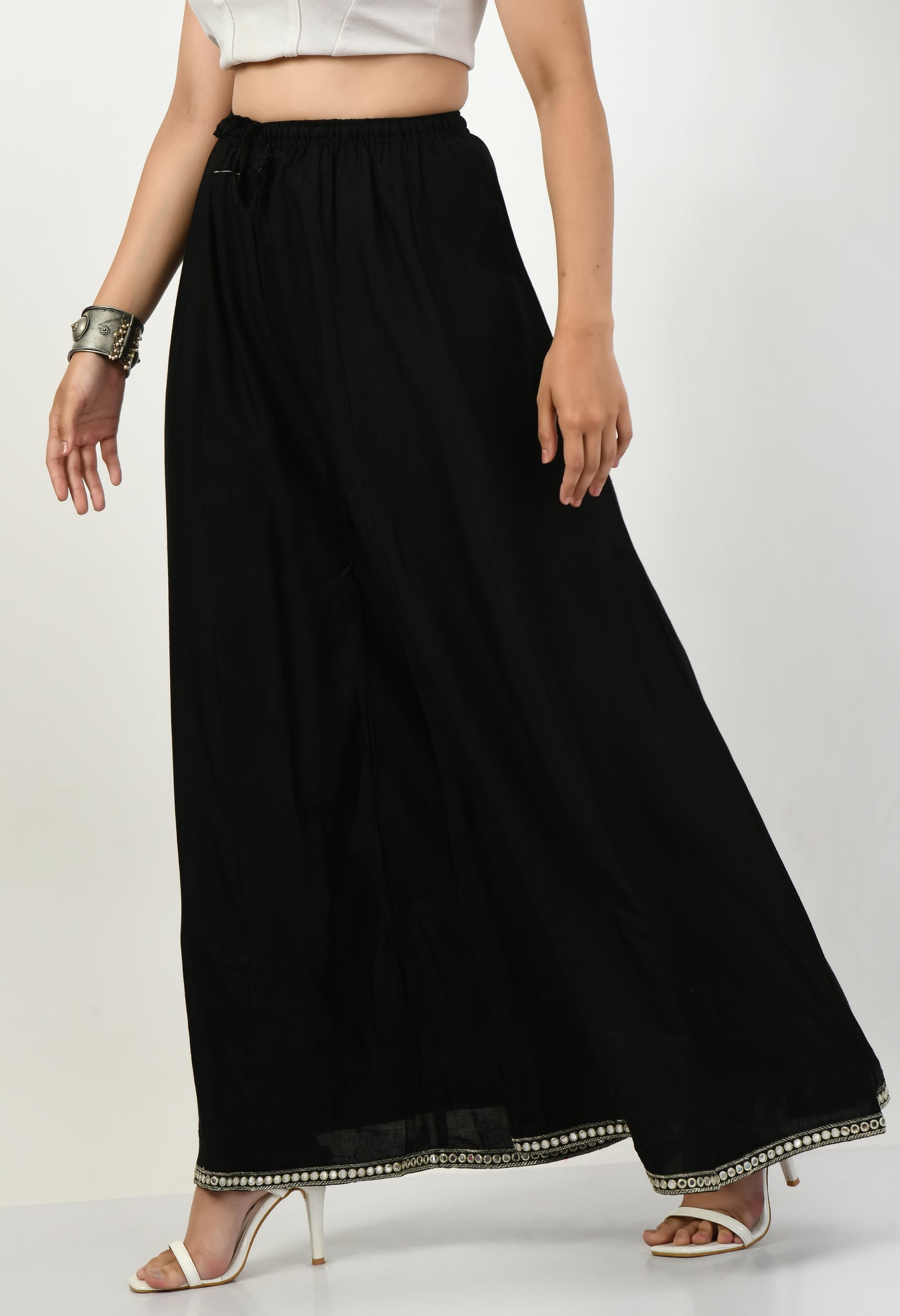 MAURYA Women Solid Rayon Palazzo with Elastic Waist & Lace Hem