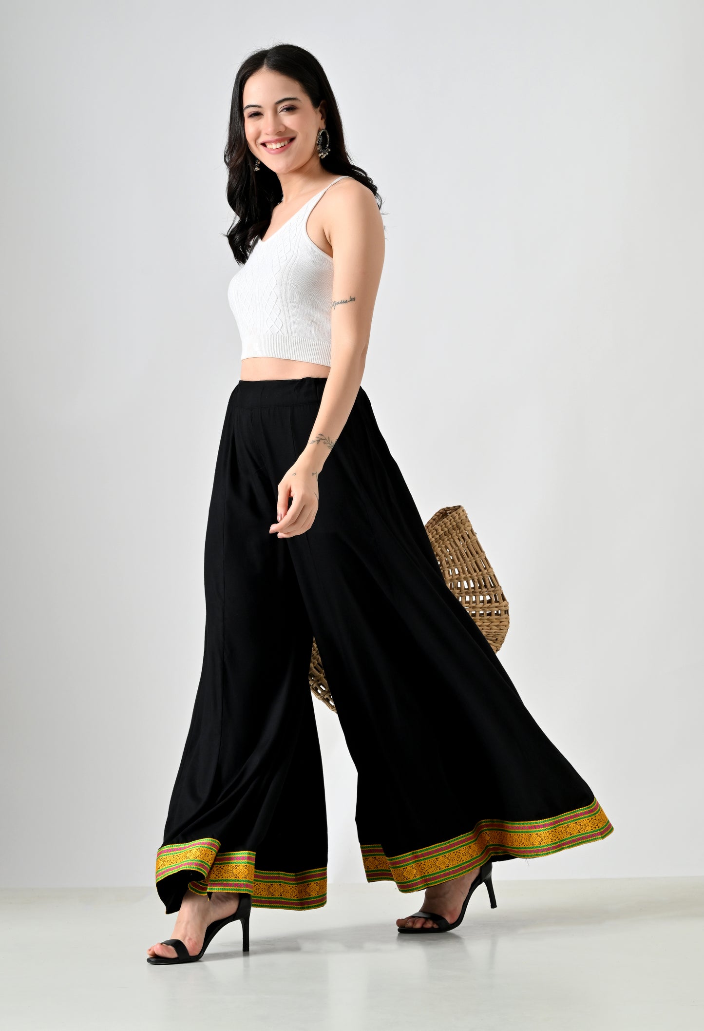 MAURYA Women Solid Rayon Palazzo with Elastic Waist & Lace Hem