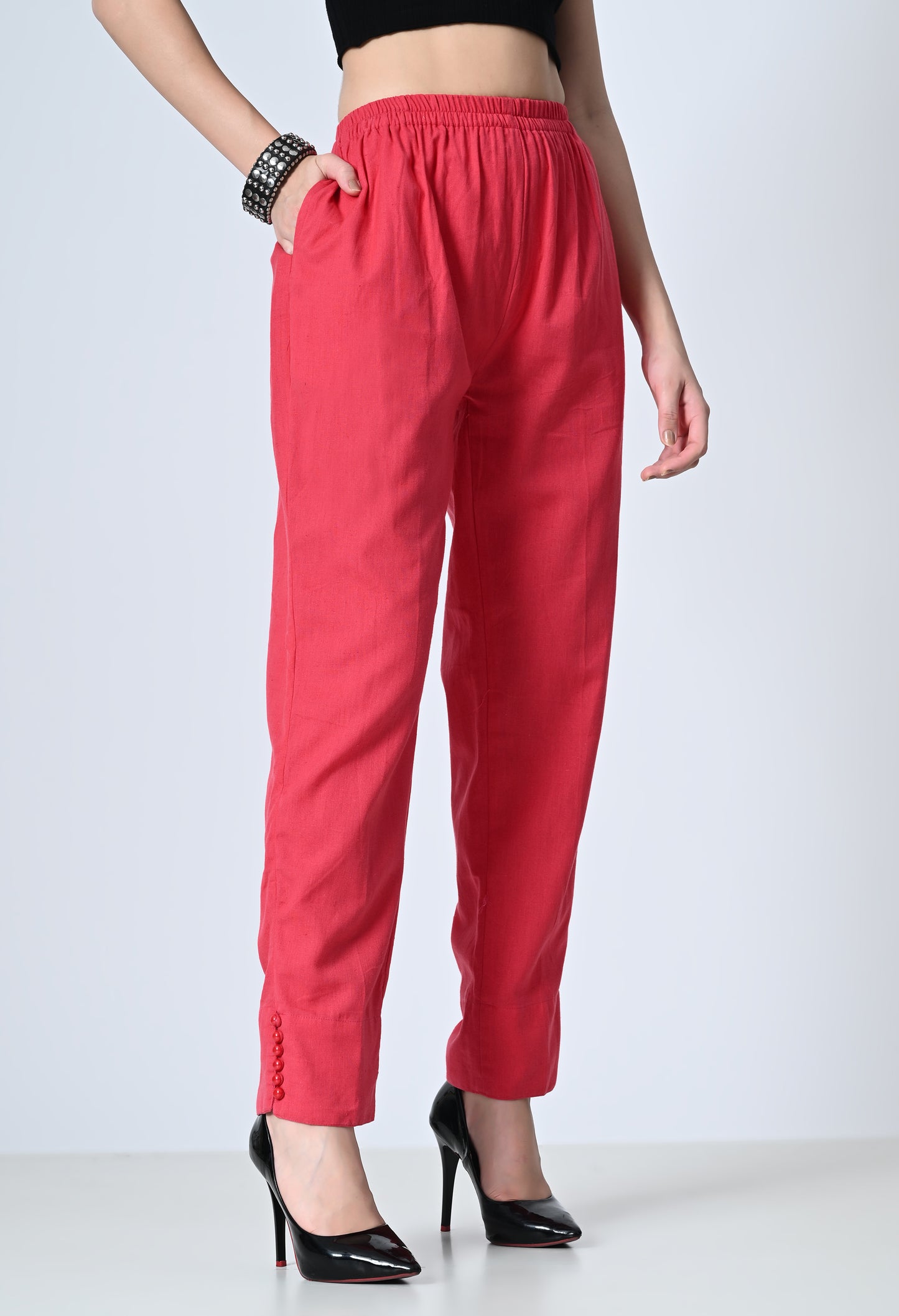 MAURYA Women’s Cotton Straight Fit Pants with Side Pockets & Button Detail