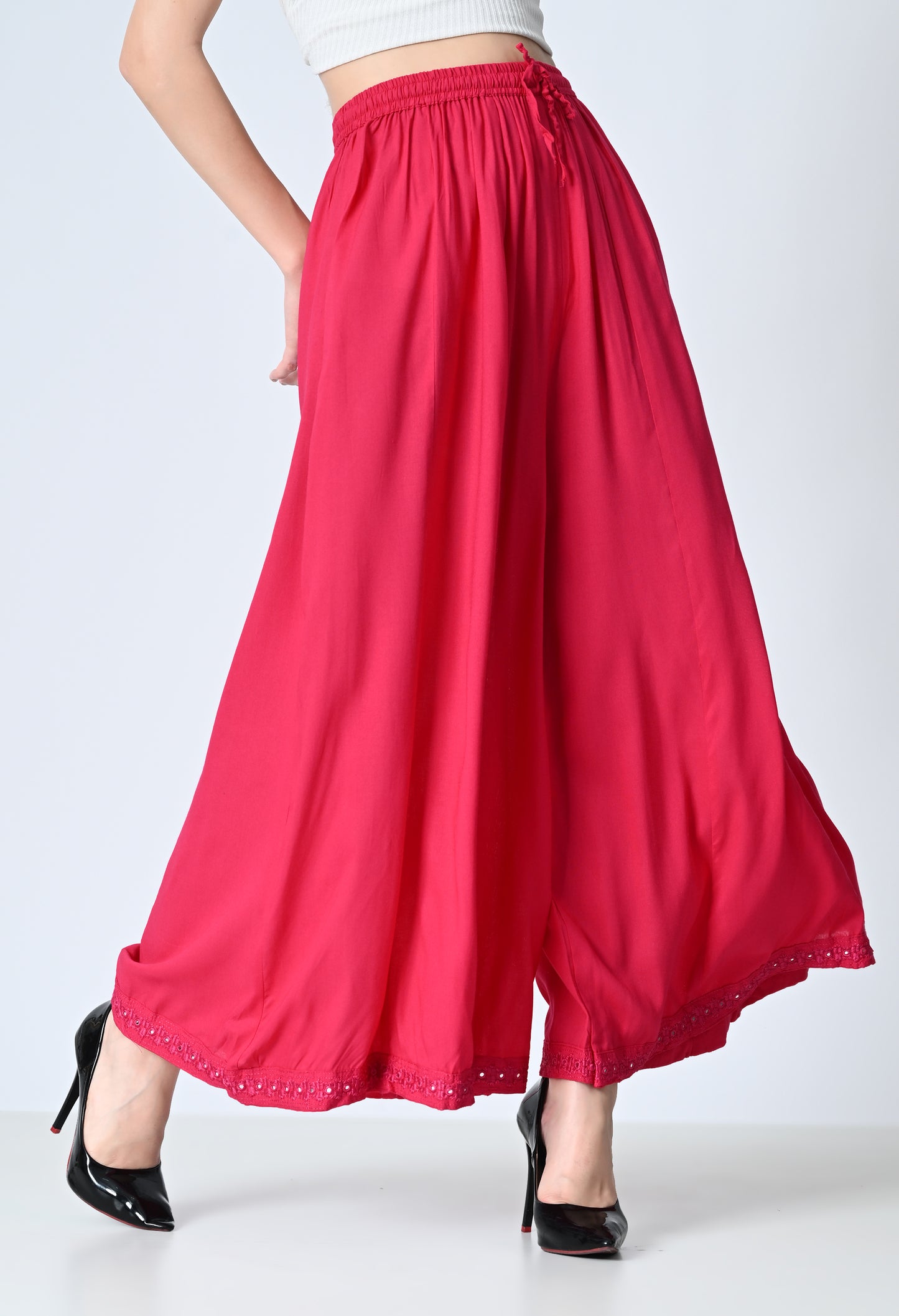 MAURYA Women Solid Rayon Palazzo with Elastic Waist & Lace Hem