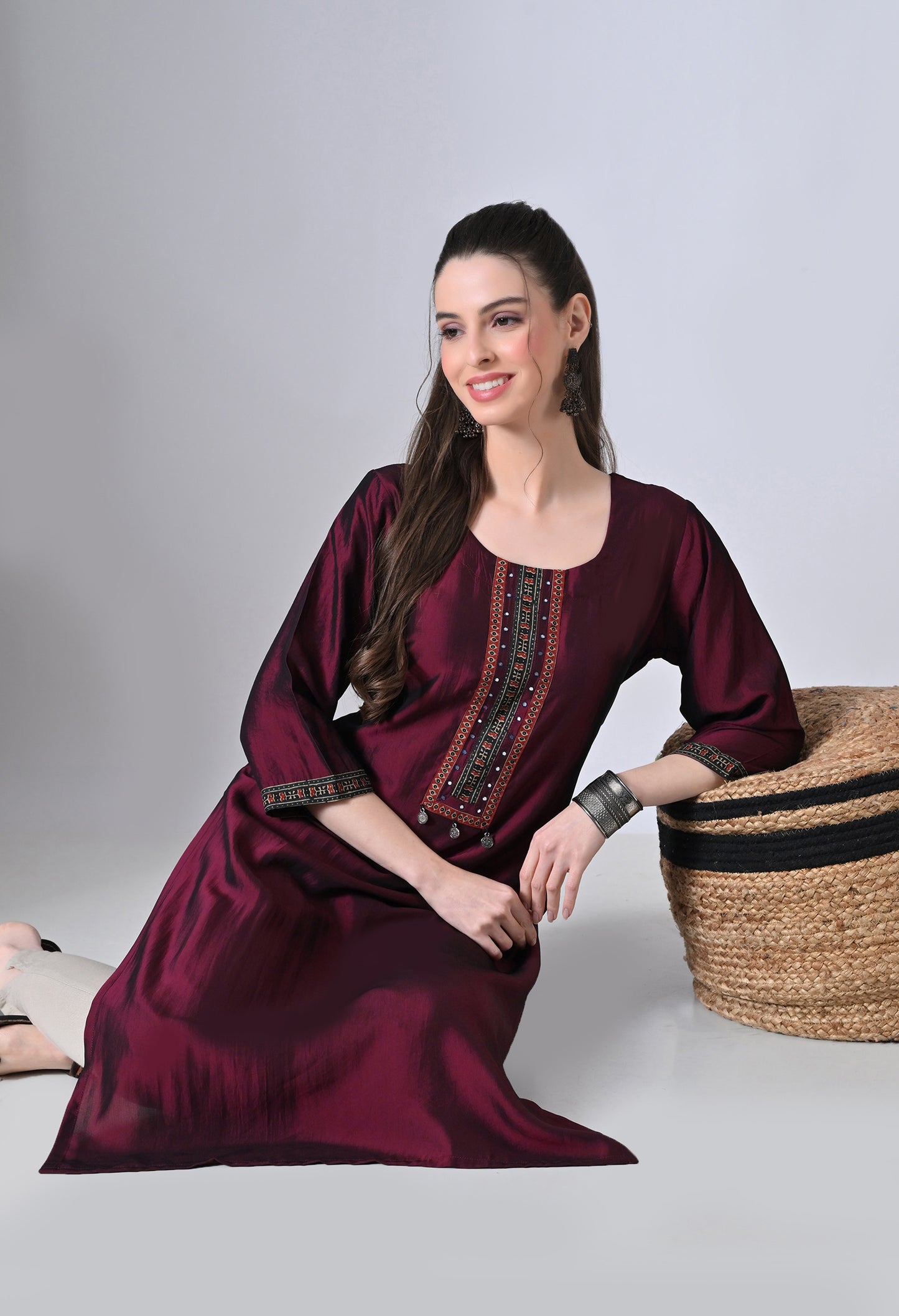 MAURYA Women’s Solid Silk Straight Kurti with Mirror Work Yoke