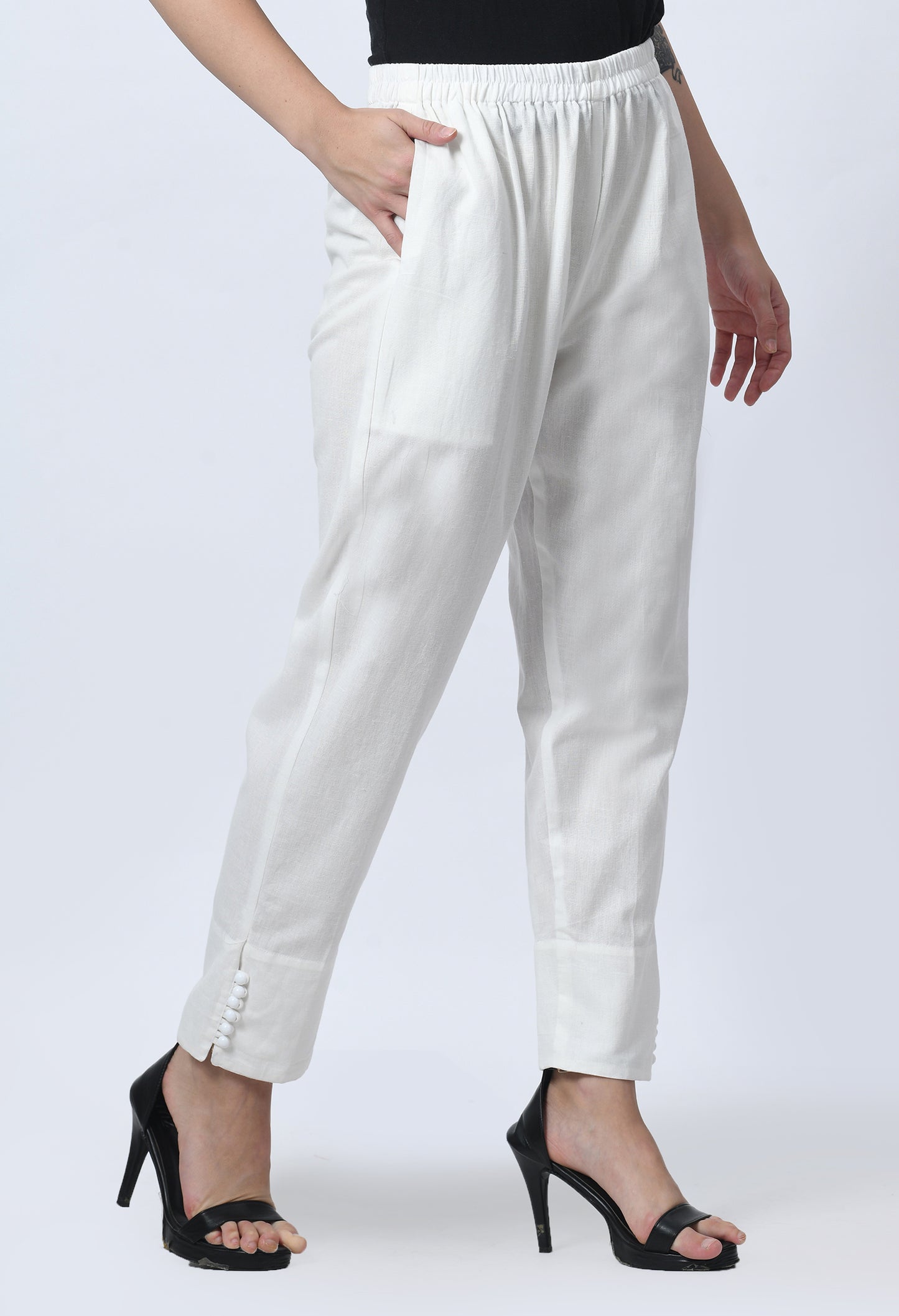 MAURYA Women’s Cotton Straight Fit Pants with Side Pockets & Button Detail