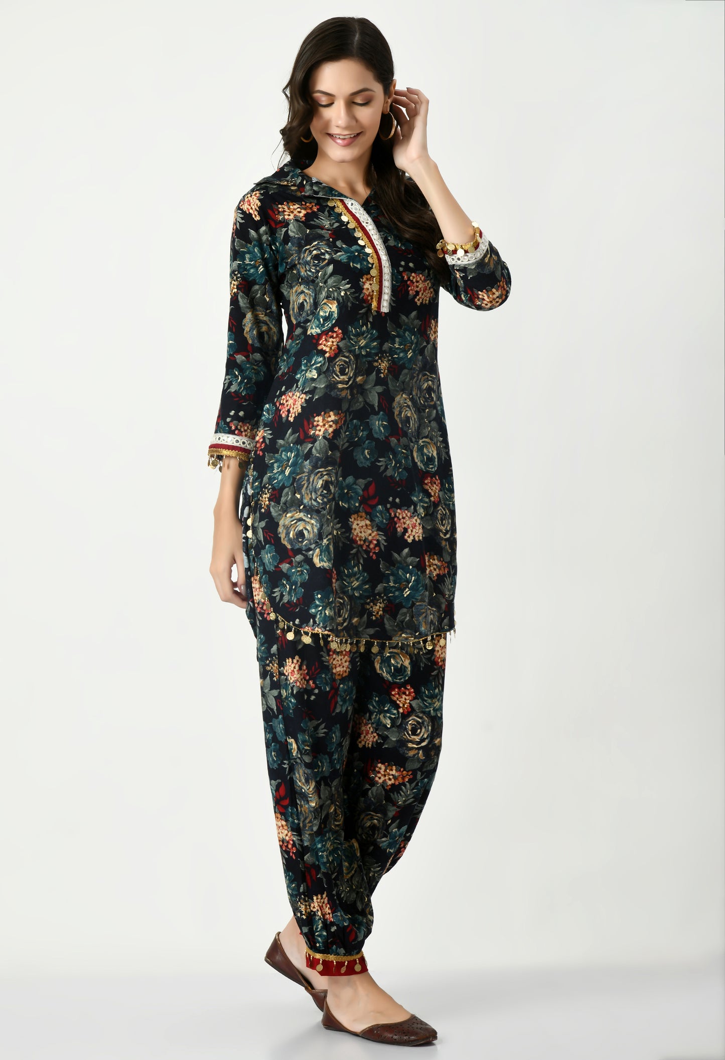 MAURYA Women's Rayon Black Floral Print Laced Ethnic Afgani Co-ord Set with 2 Side Pockets (MCS026)