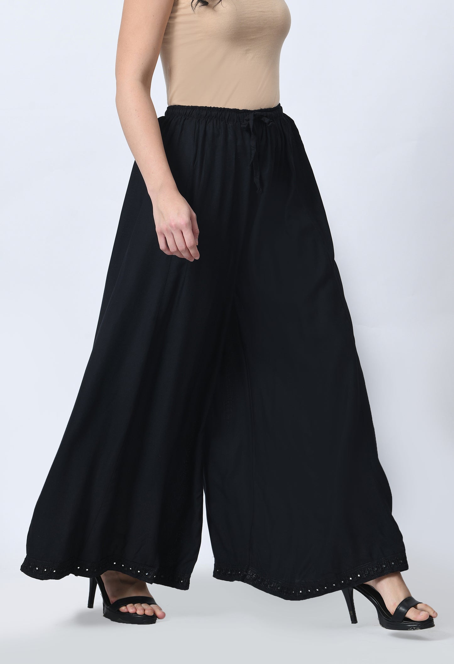 MAURYA Women Solid Rayon Palazzo with Elastic Waist & Lace Hem