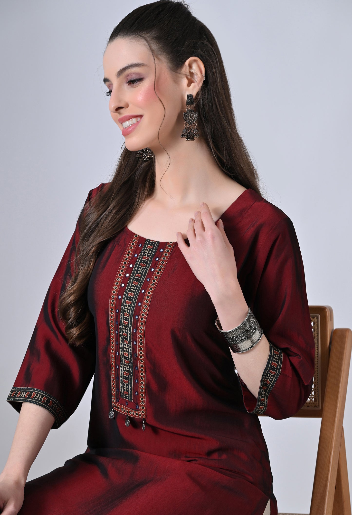 MAURYA Women’s Solid Silk Straight Kurti with Mirror Work Yoke