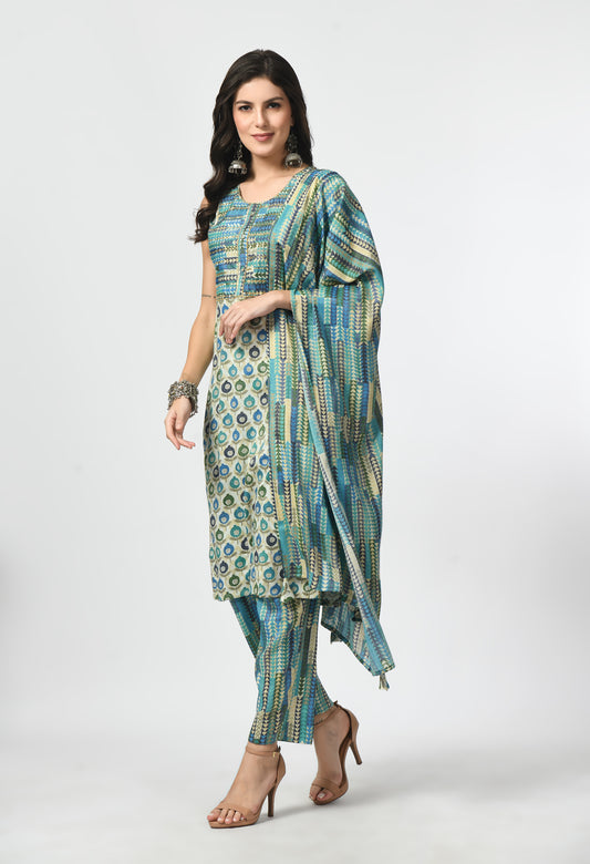 MAURYA Women's Rayon Slub Firoji Anaar Print A line Sippi Work Kurta with Pant & Dupatta (MKS040)