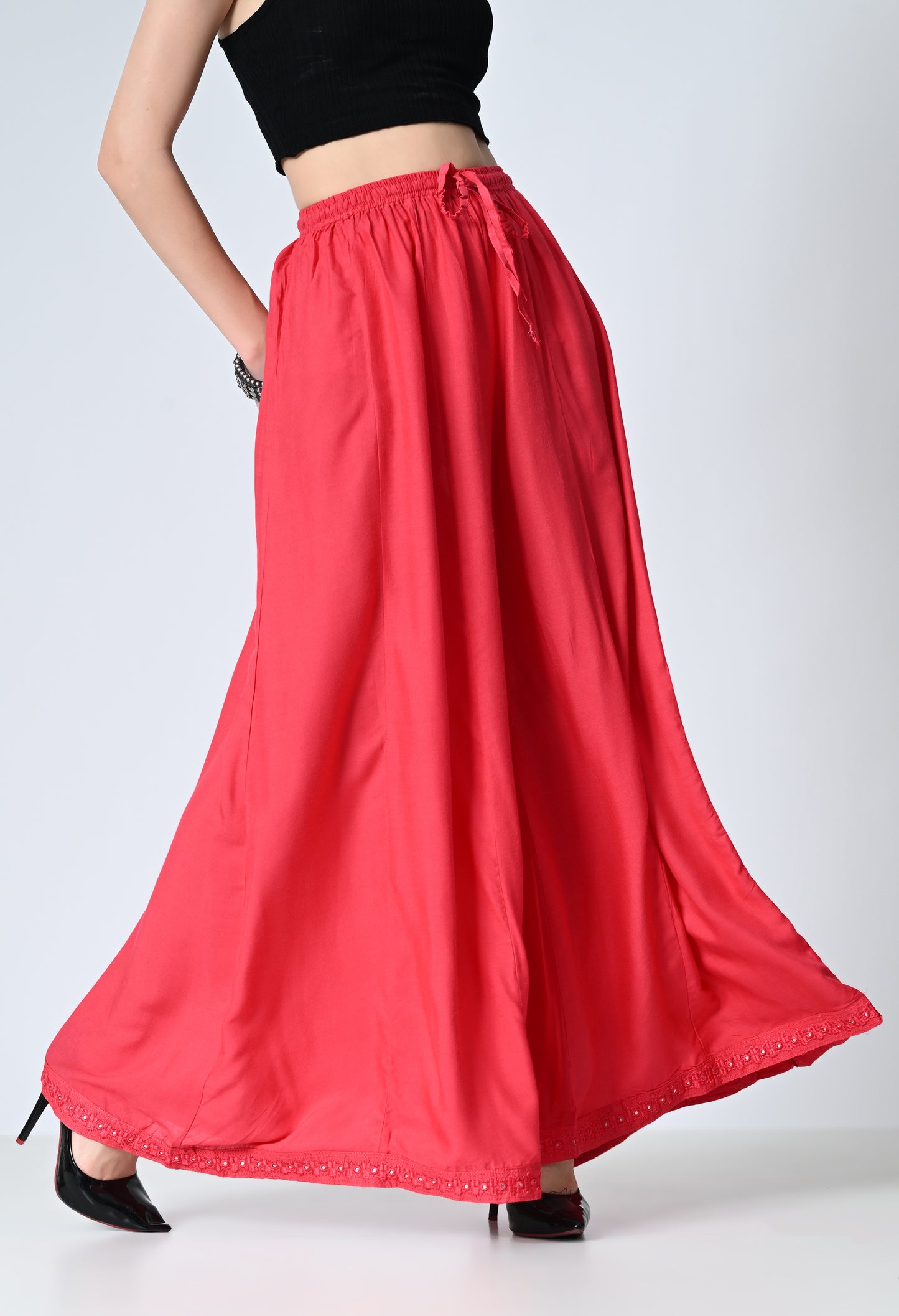 MAURYA Women Solid Rayon Palazzo with Elastic Waist & Lace Hem