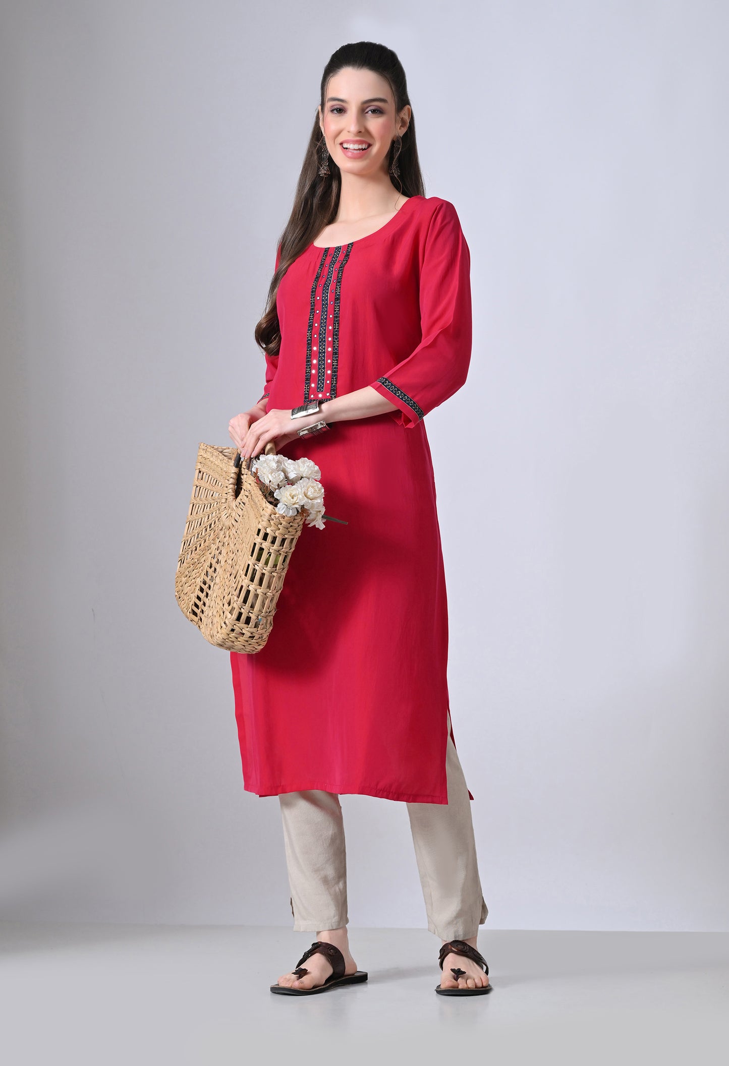 MAURYA Women’s Solid Silk Straight Kurti with Mirror Work Yoke