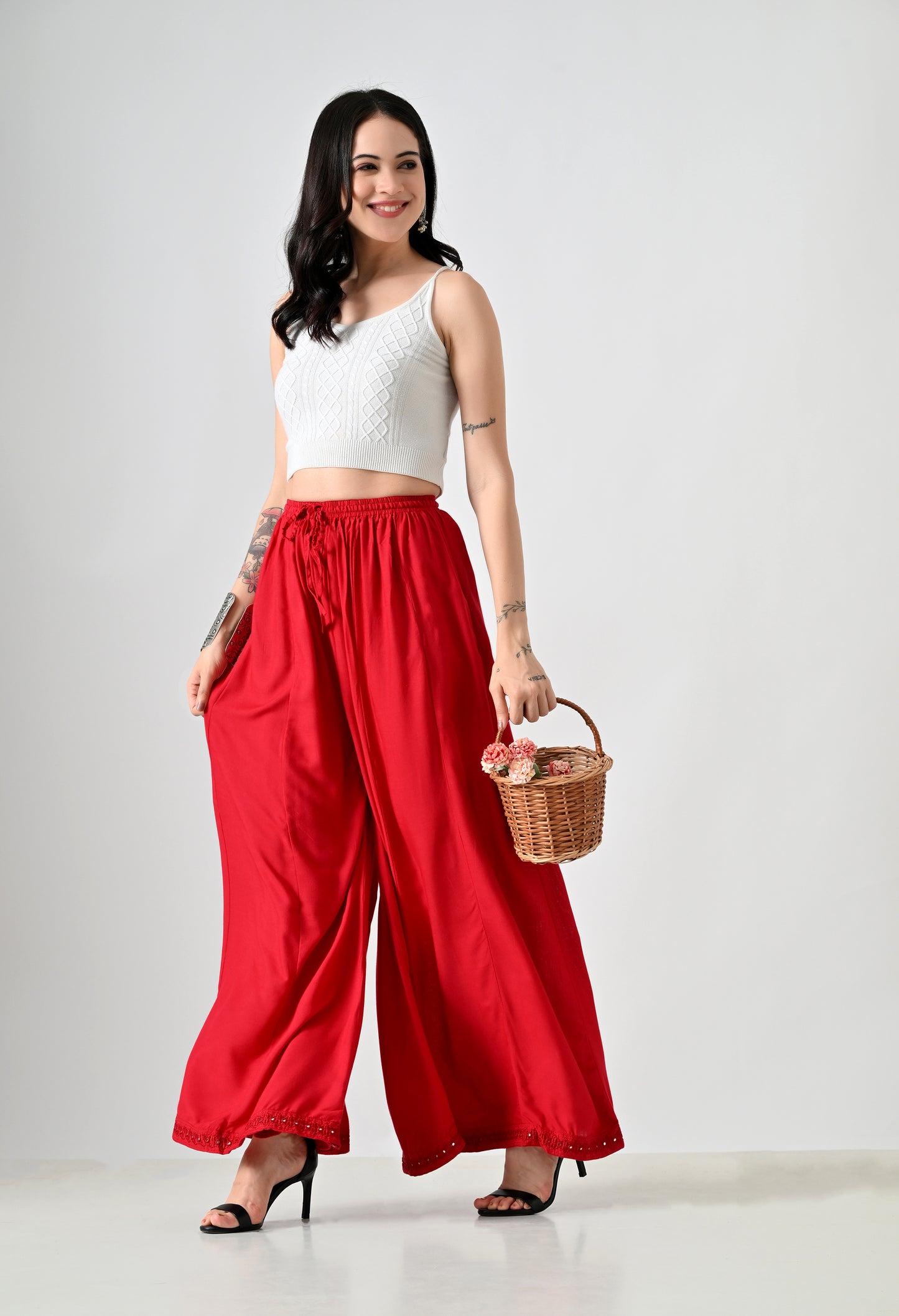 MAURYA Women Solid Rayon Palazzo with Elastic Waist & Lace Hem