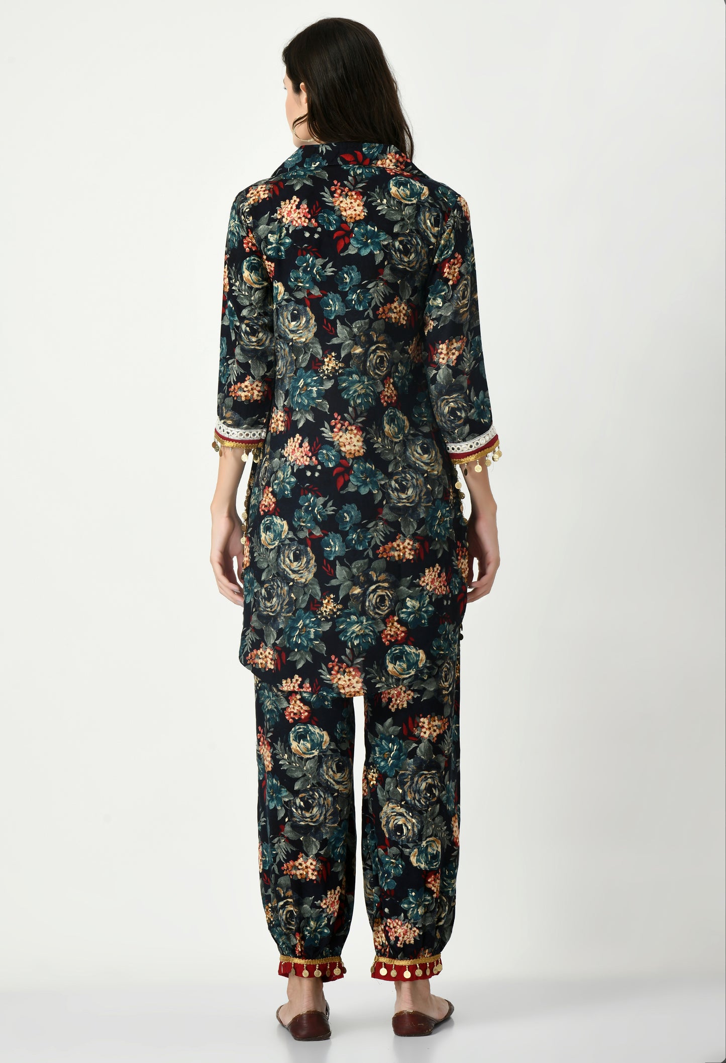 MAURYA Women's Rayon Black Floral Print Laced Ethnic Afgani Co-ord Set with 2 Side Pockets (MCS026)