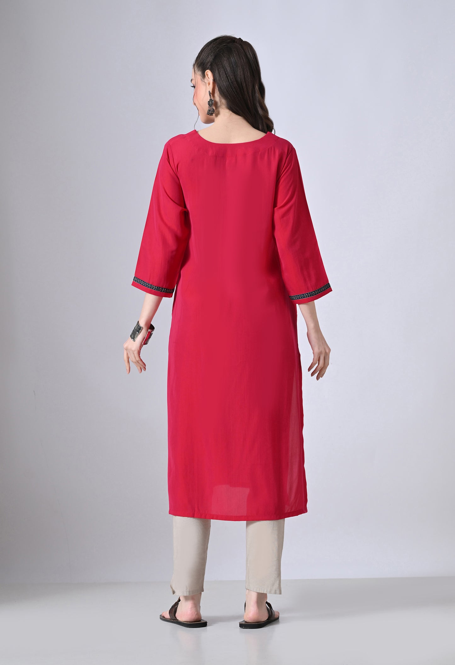 MAURYA Women’s Solid Silk Straight Kurti with Mirror Work Yoke