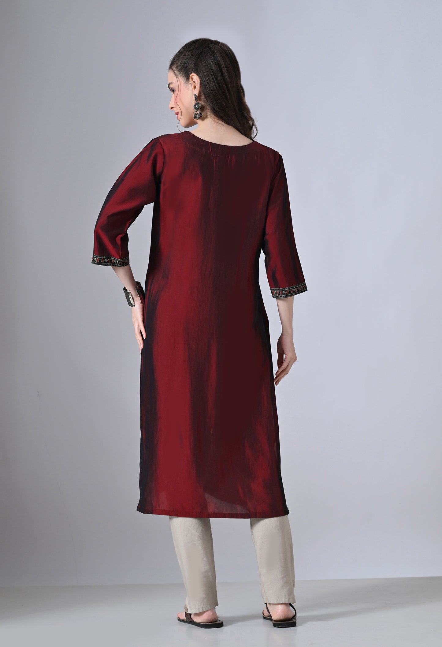 MAURYA Women’s Solid Silk Straight Kurti with Mirror Work Yoke