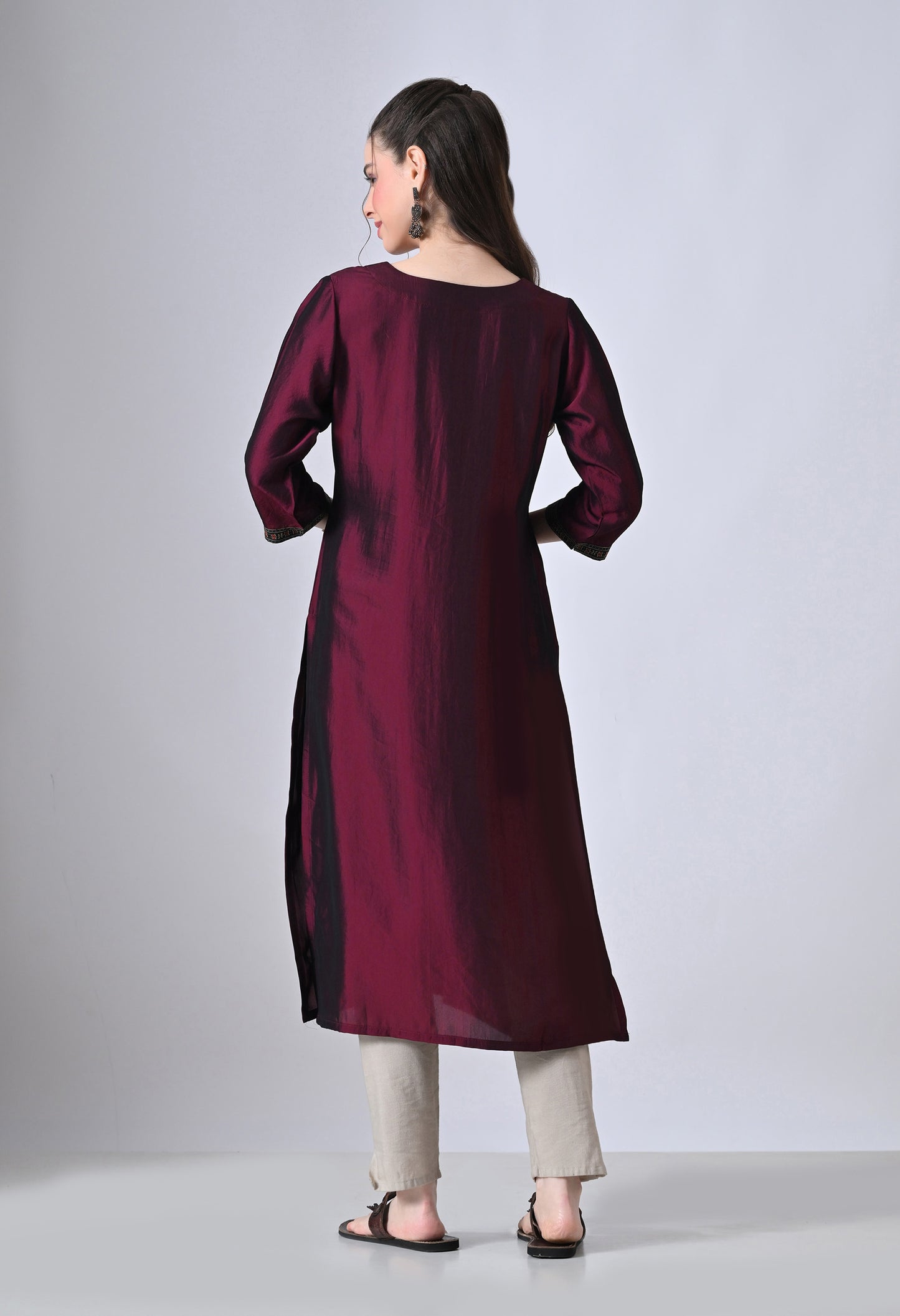 MAURYA Women’s Solid Silk Straight Kurti with Mirror Work Yoke