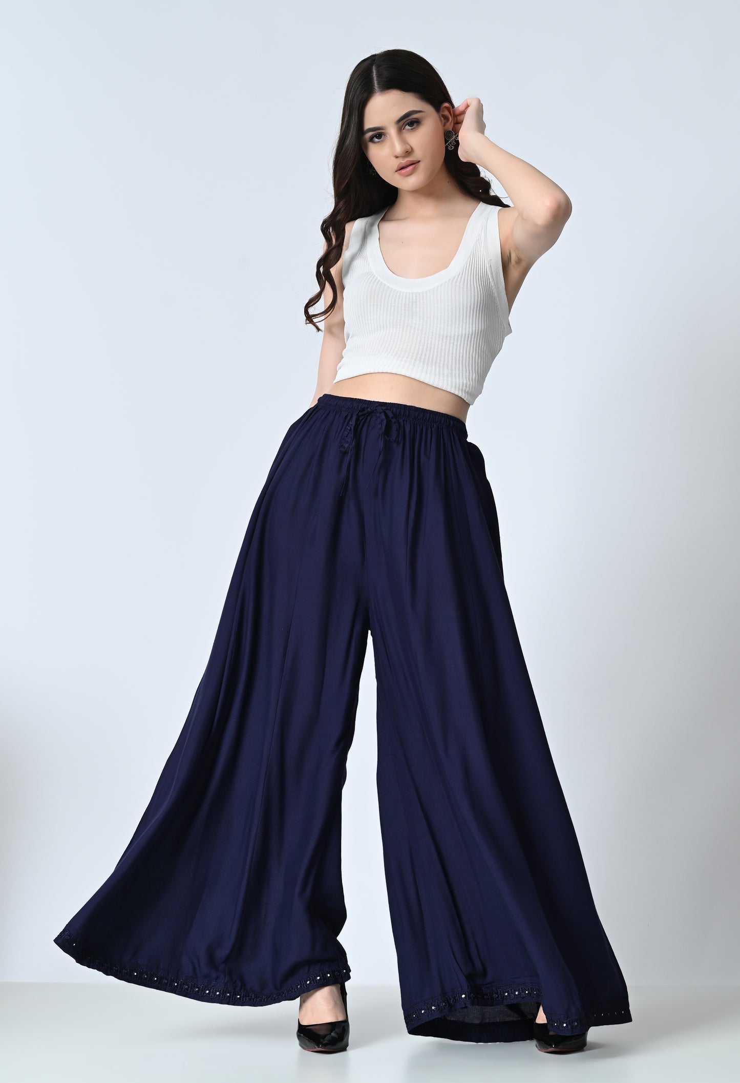 MAURYA Women's Navy Flared Maxi Palazzo with Elastic Waistband, 39 cm Length (MPL025)