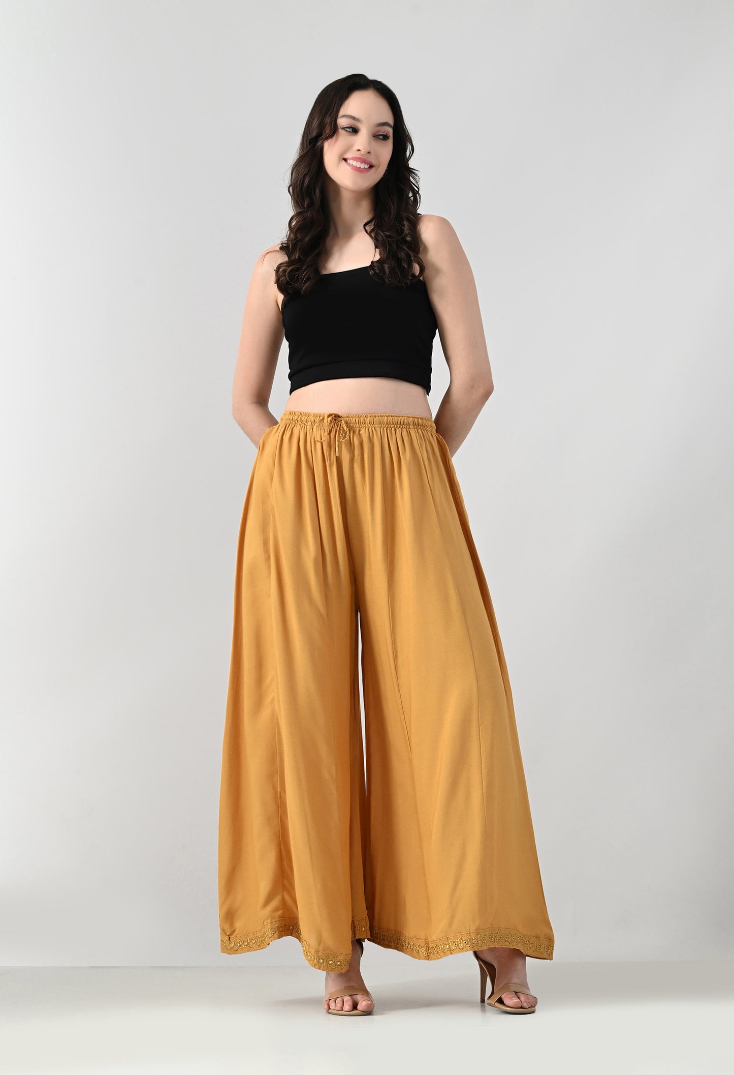 MAURYA Women Solid Rayon Palazzo with Elastic Waist & Lace Hem