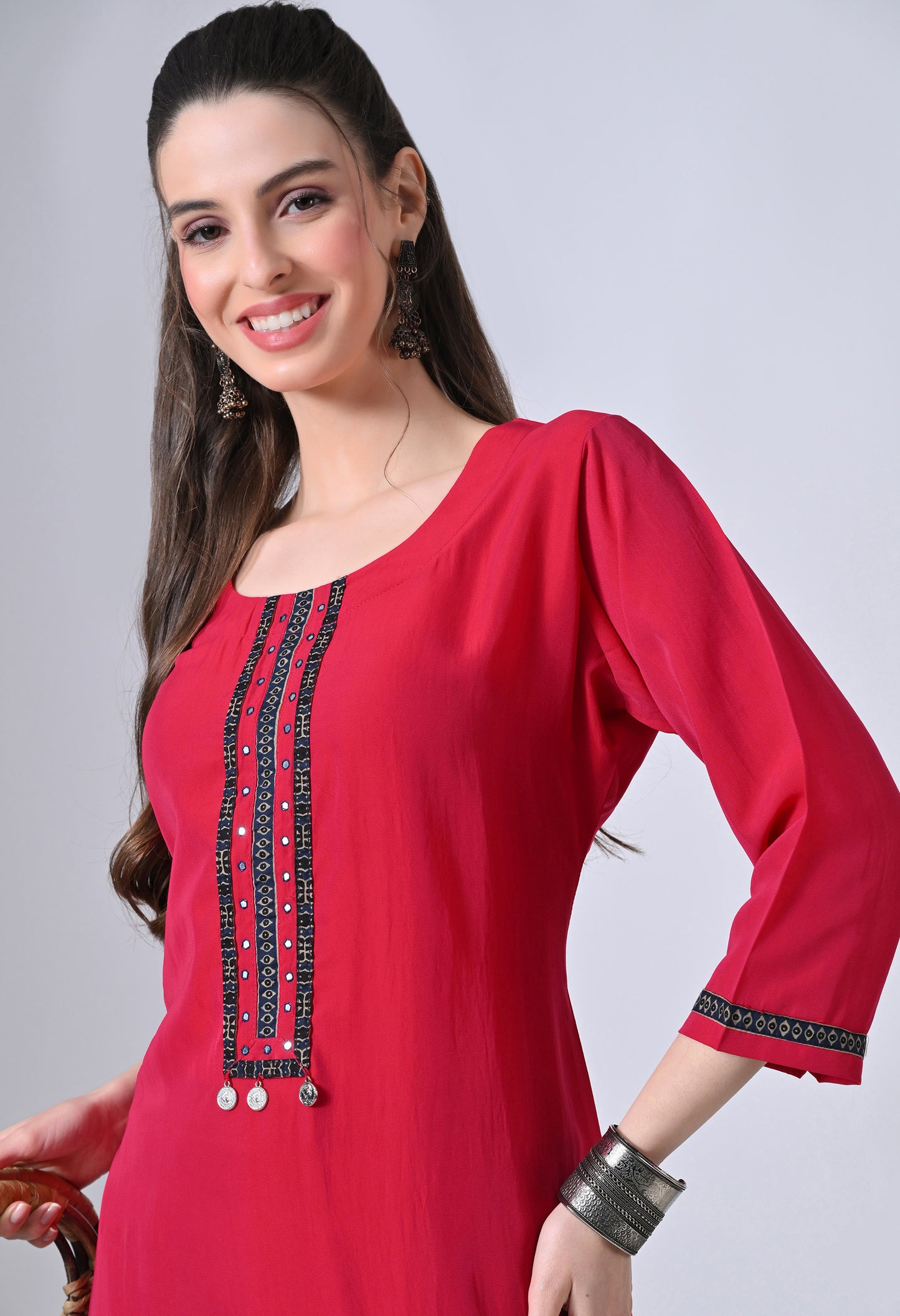 MAURYA Women’s Solid Silk Straight Kurti with Mirror Work Yoke