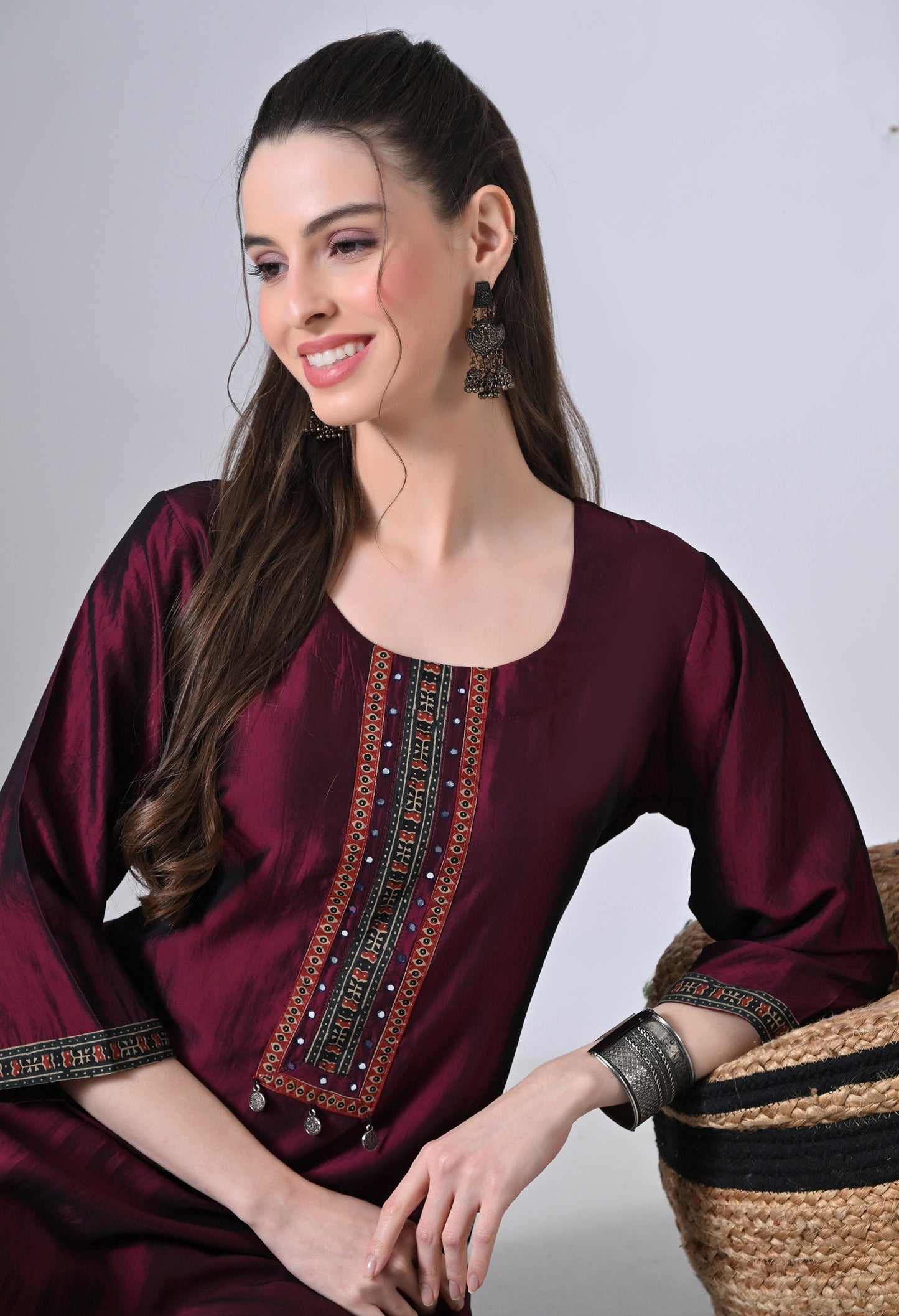 MAURYA Women’s Solid Silk Straight Kurti with Mirror Work Yoke
