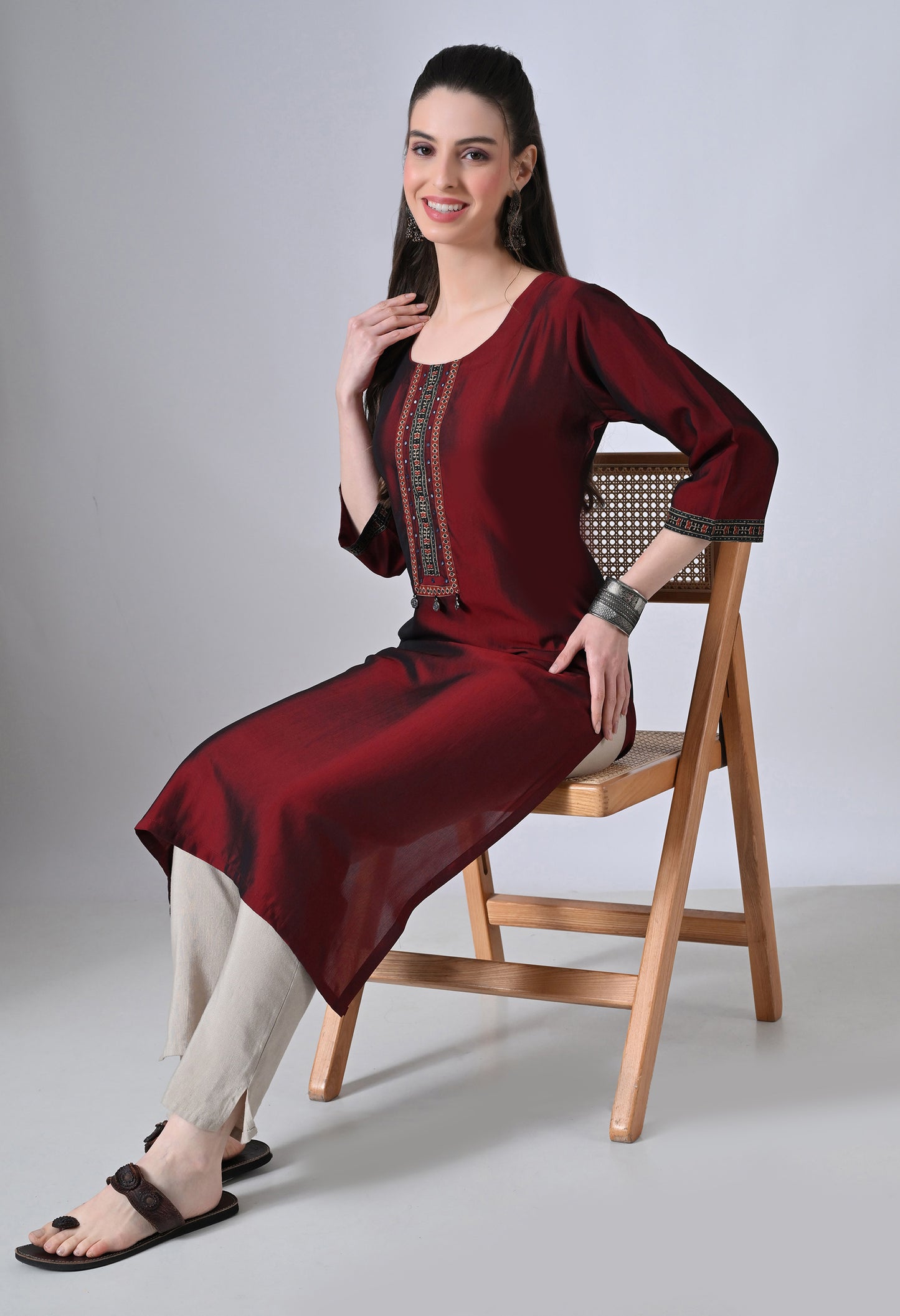 MAURYA Women’s Solid Silk Straight Kurti with Mirror Work Yoke