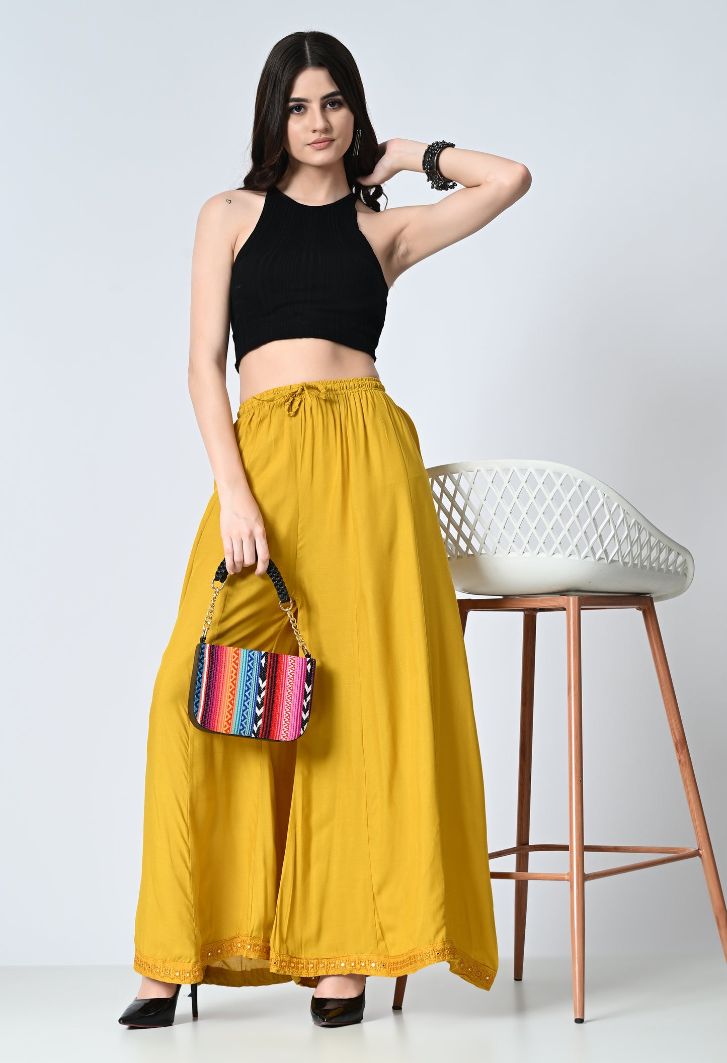 MAURYA Women Solid Rayon Palazzo with Elastic Waist & Lace Hem