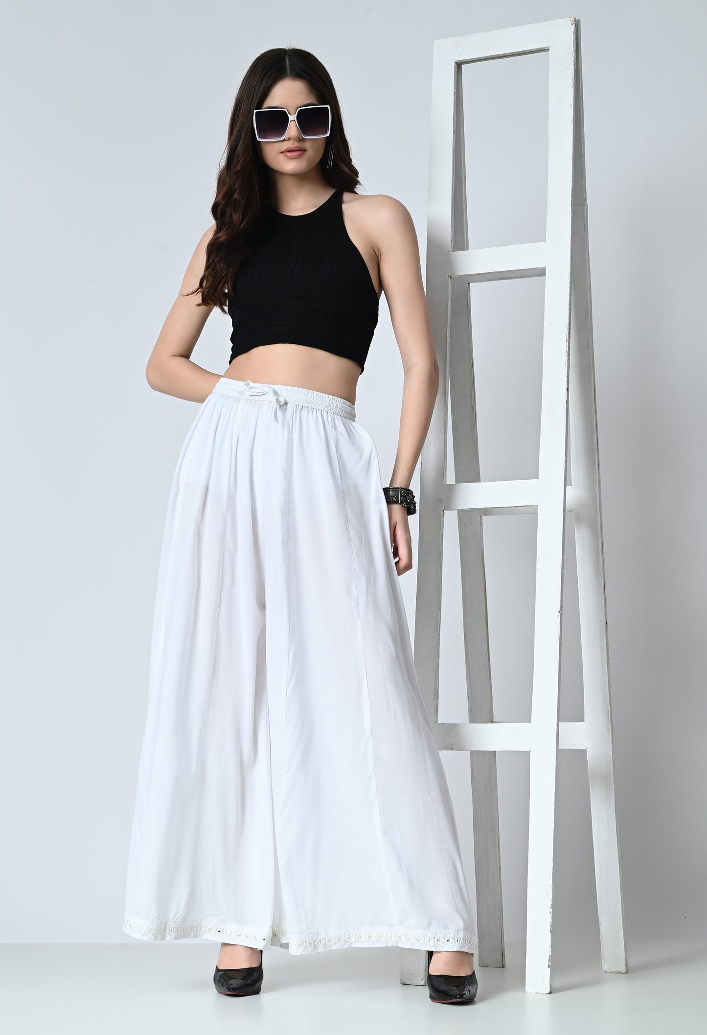 MAURYA Women Solid Rayon Palazzo with Elastic Waist & Lace Hem