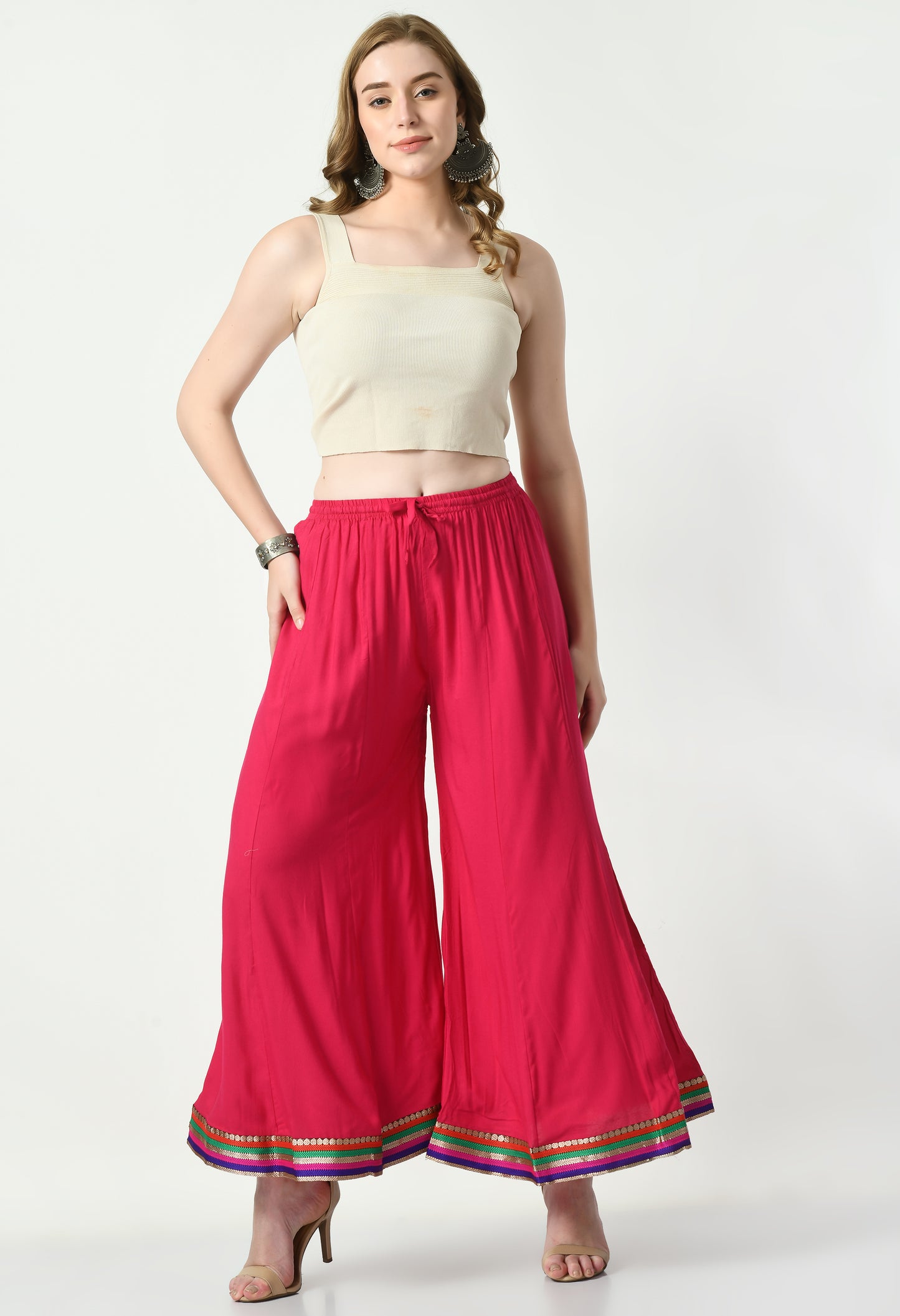 MAURYA Women Solid Rayon Palazzo with Elastic Waist & Lace Hem