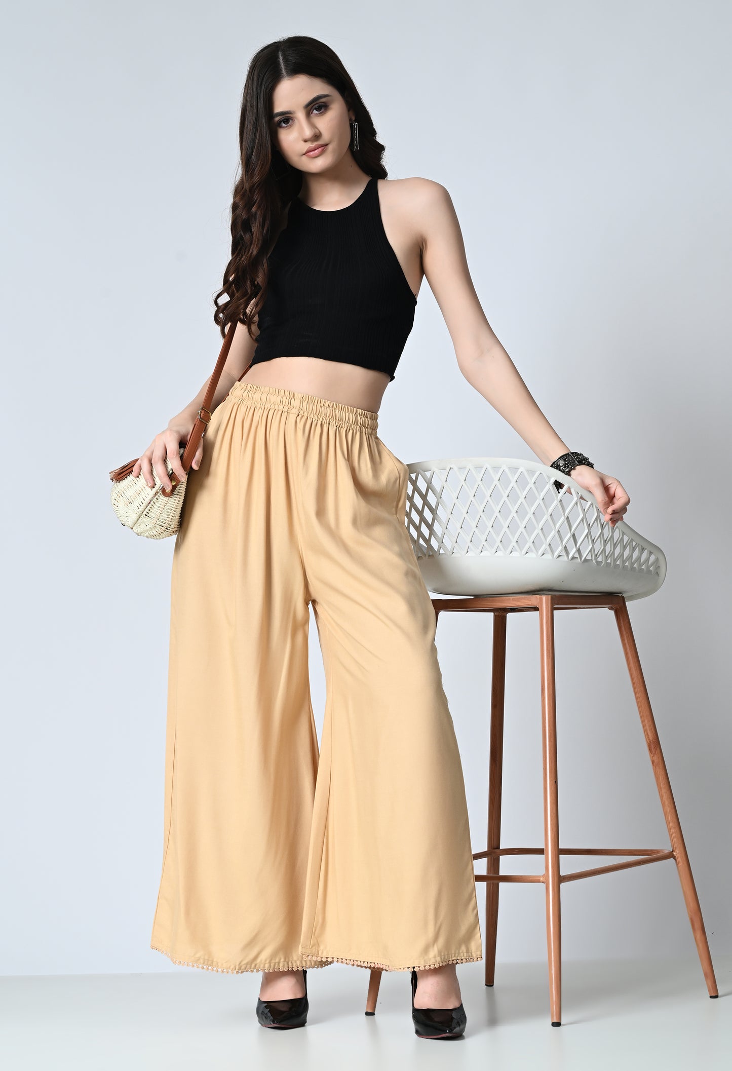 MAURYA Women Solid Rayon Palazzo with Elastic Waist & Lace Hem