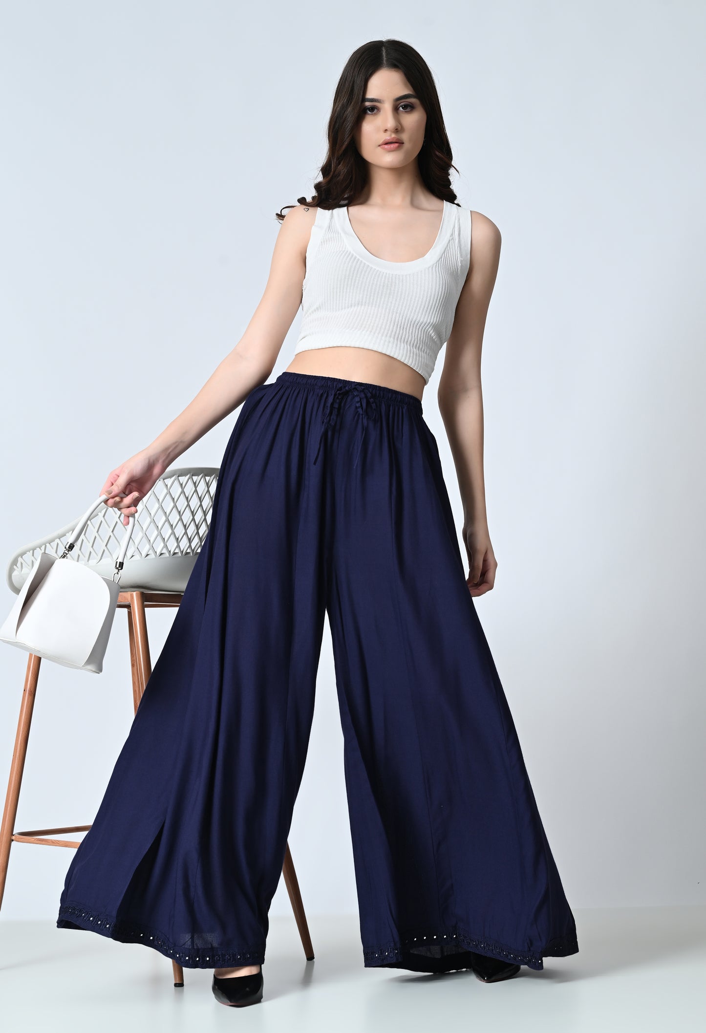 MAURYA Women's Navy Flared Maxi Palazzo with Elastic Waistband, 39 cm Length (MPL025)
