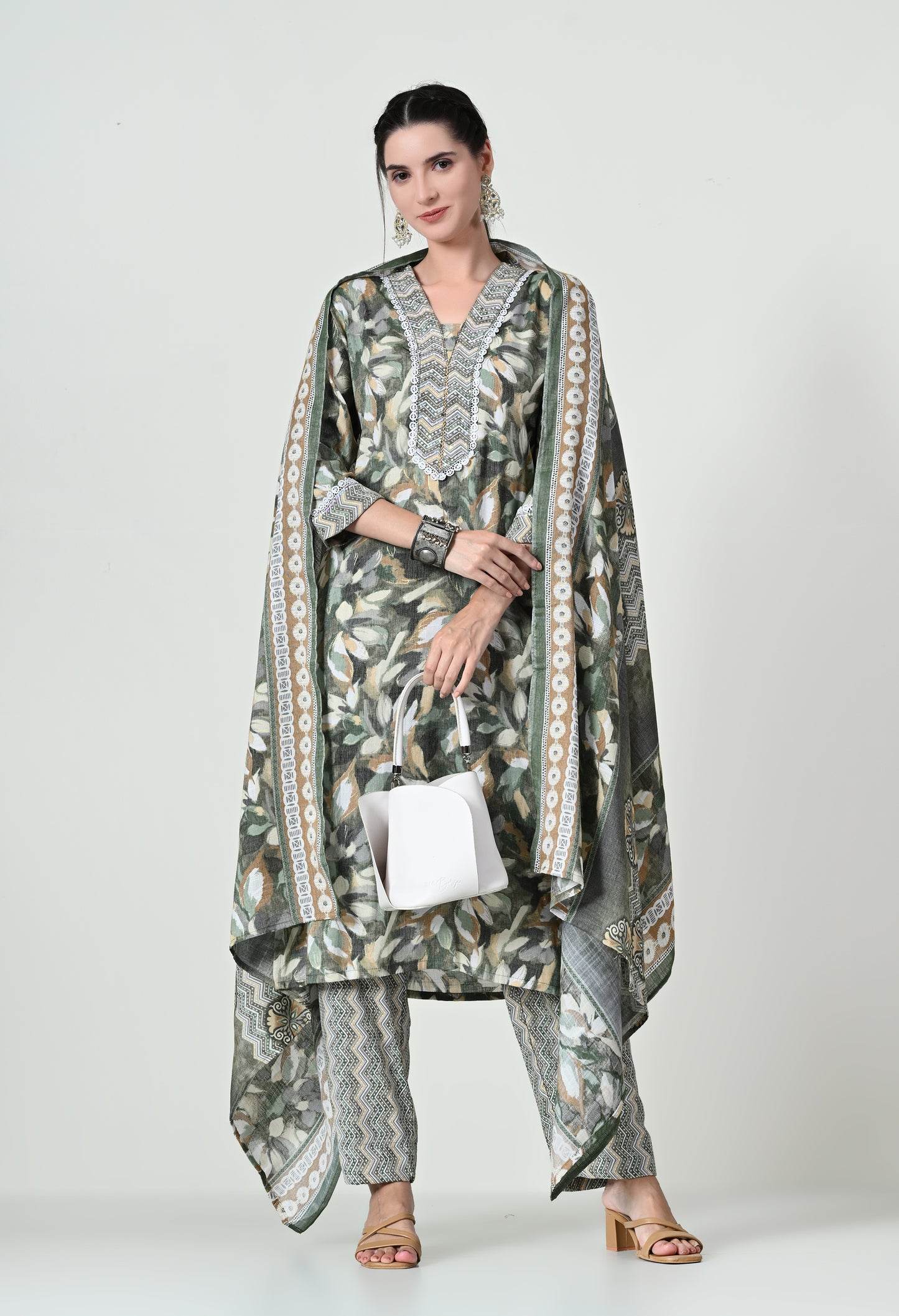 MAURYA Women's Cotton Slub Green Colour Leaf Print Sequence Hand Work Kurta Set with Printed Dupatta (WMKS013)