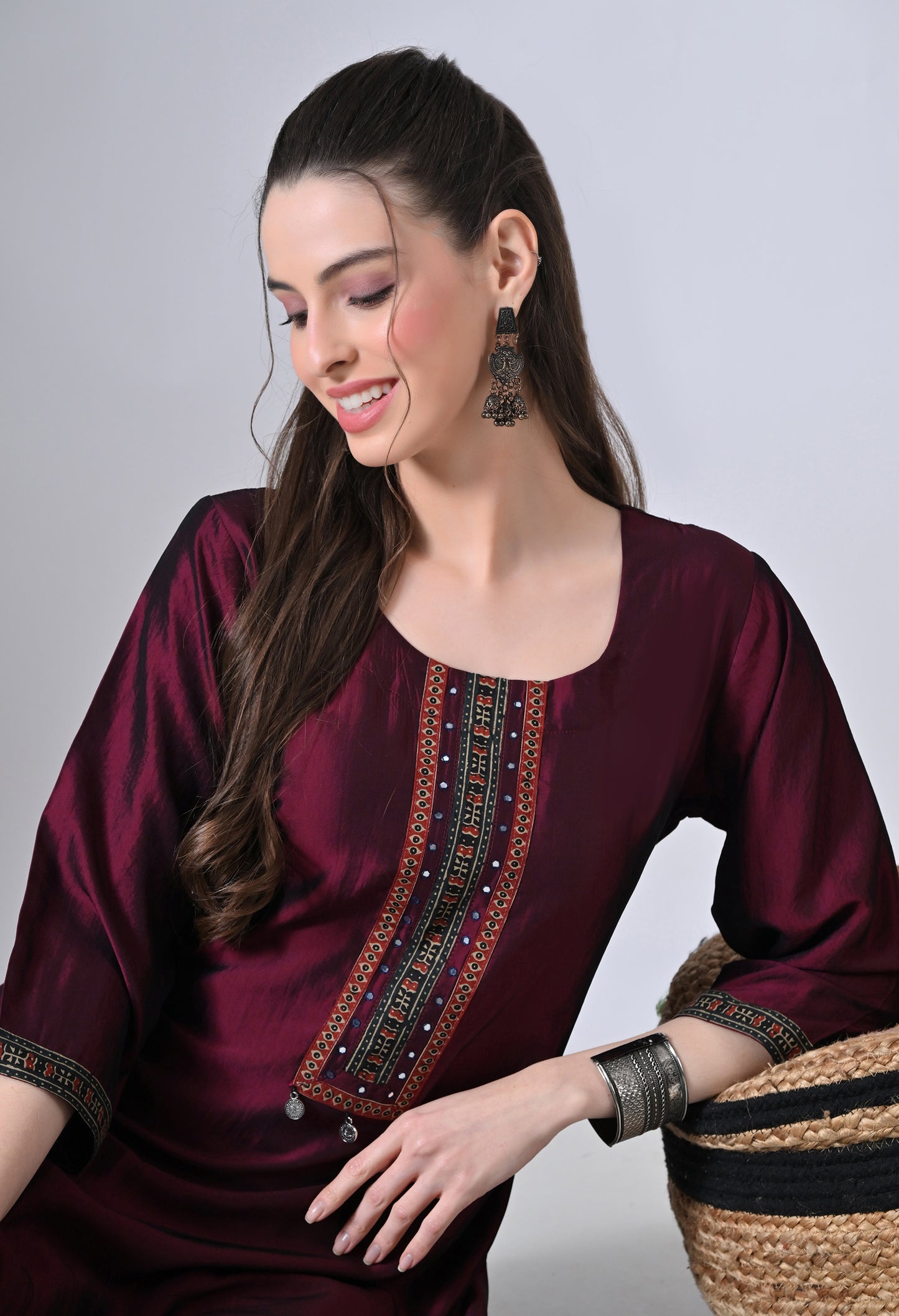 MAURYA Women’s Solid Silk Straight Kurti with Mirror Work Yoke
