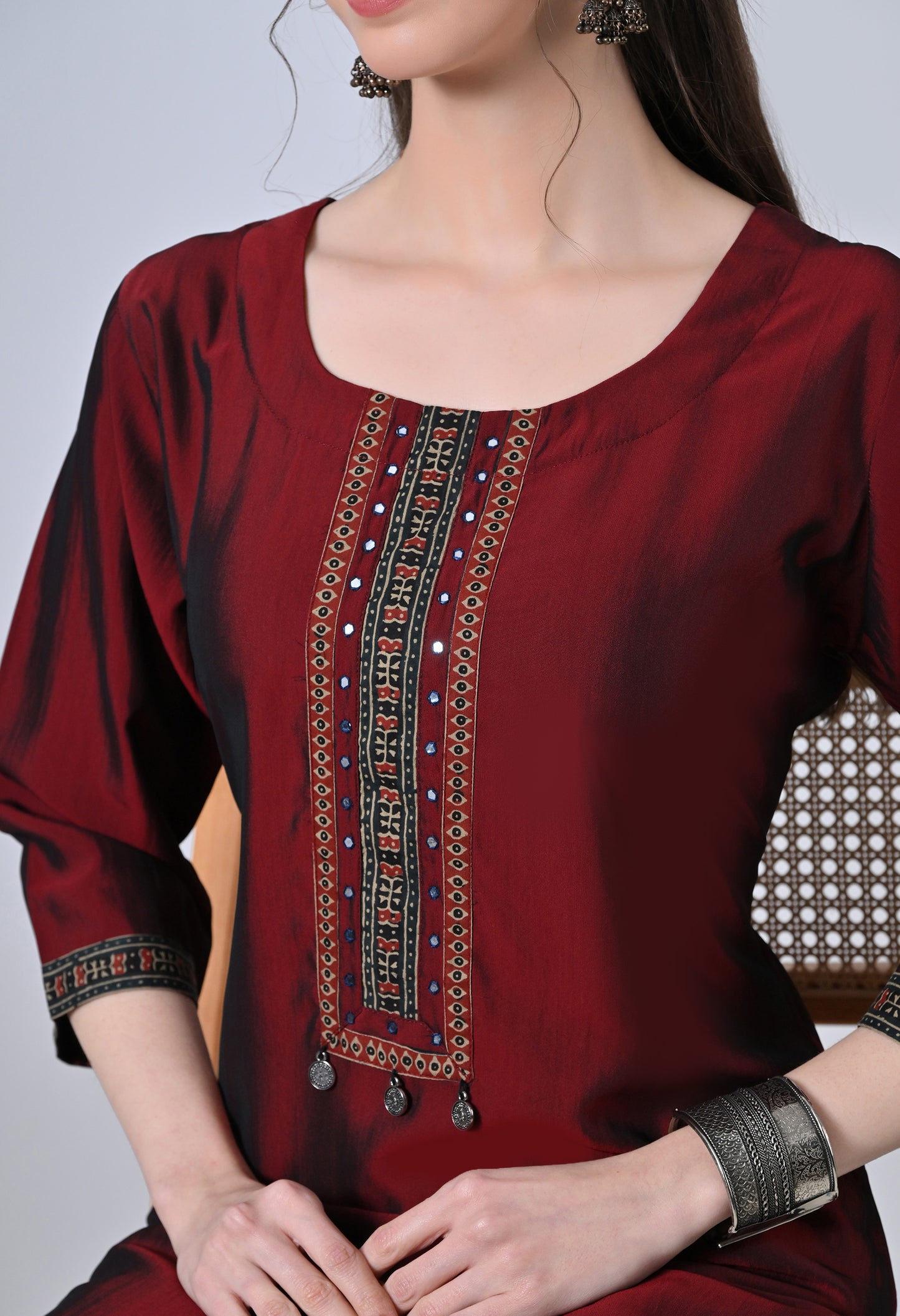 MAURYA Women’s Solid Silk Straight Kurti with Mirror Work Yoke