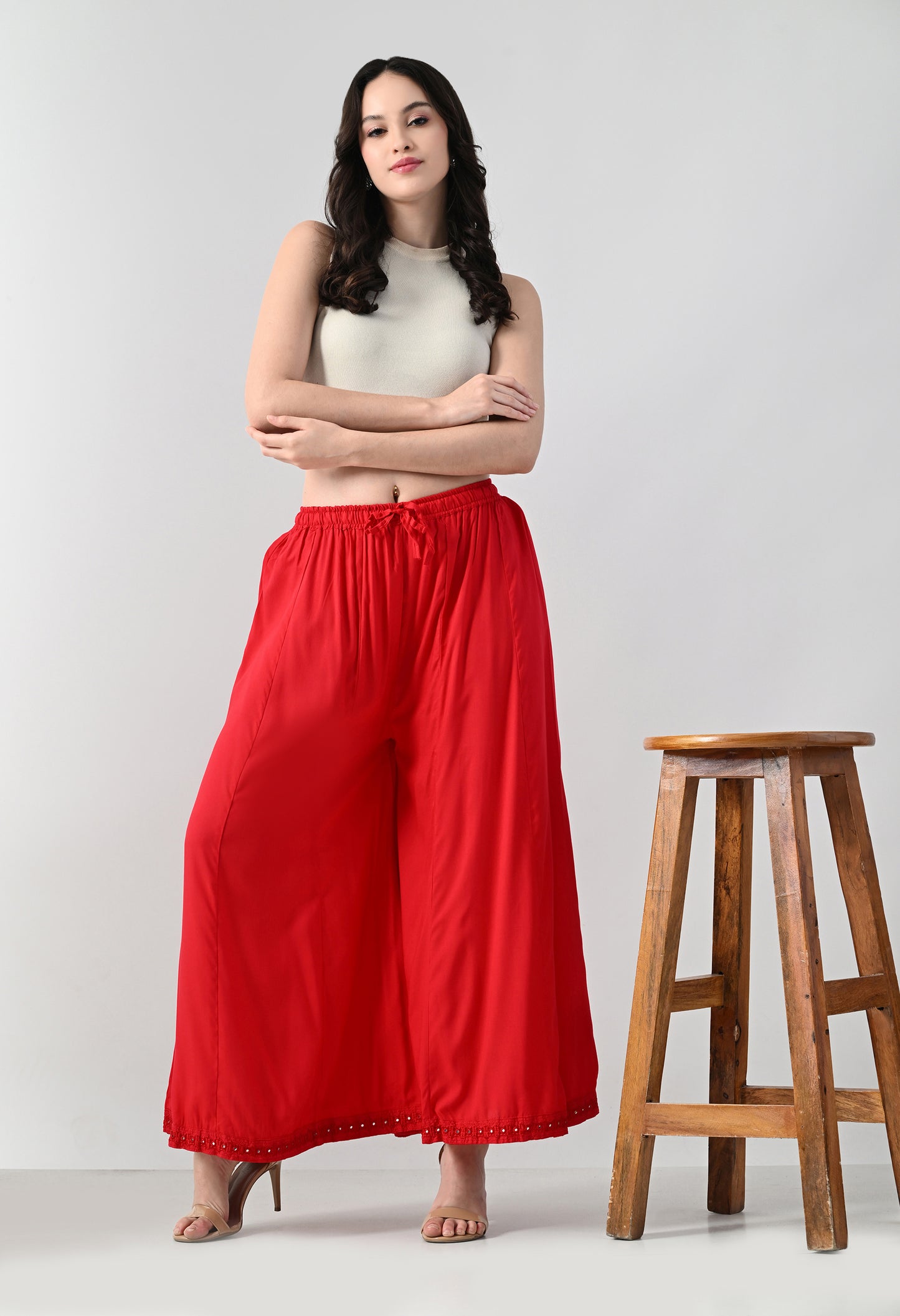 MAURYA Women Solid Rayon Palazzo with Elastic Waist & Lace Hem