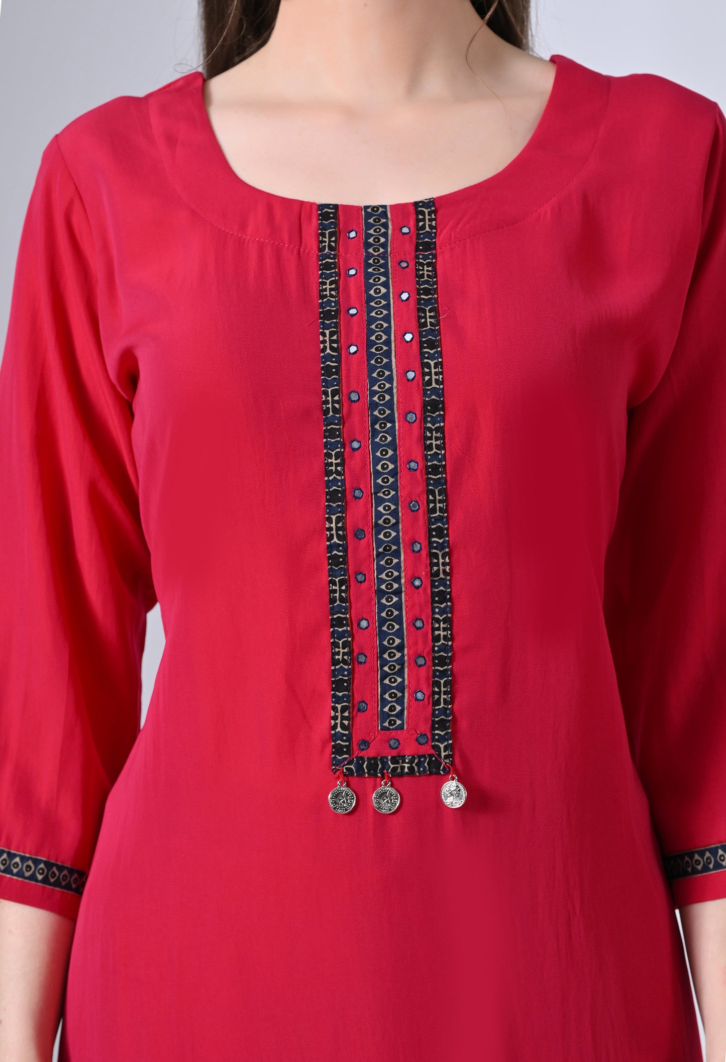 MAURYA Women’s Solid Silk Straight Kurti with Mirror Work Yoke