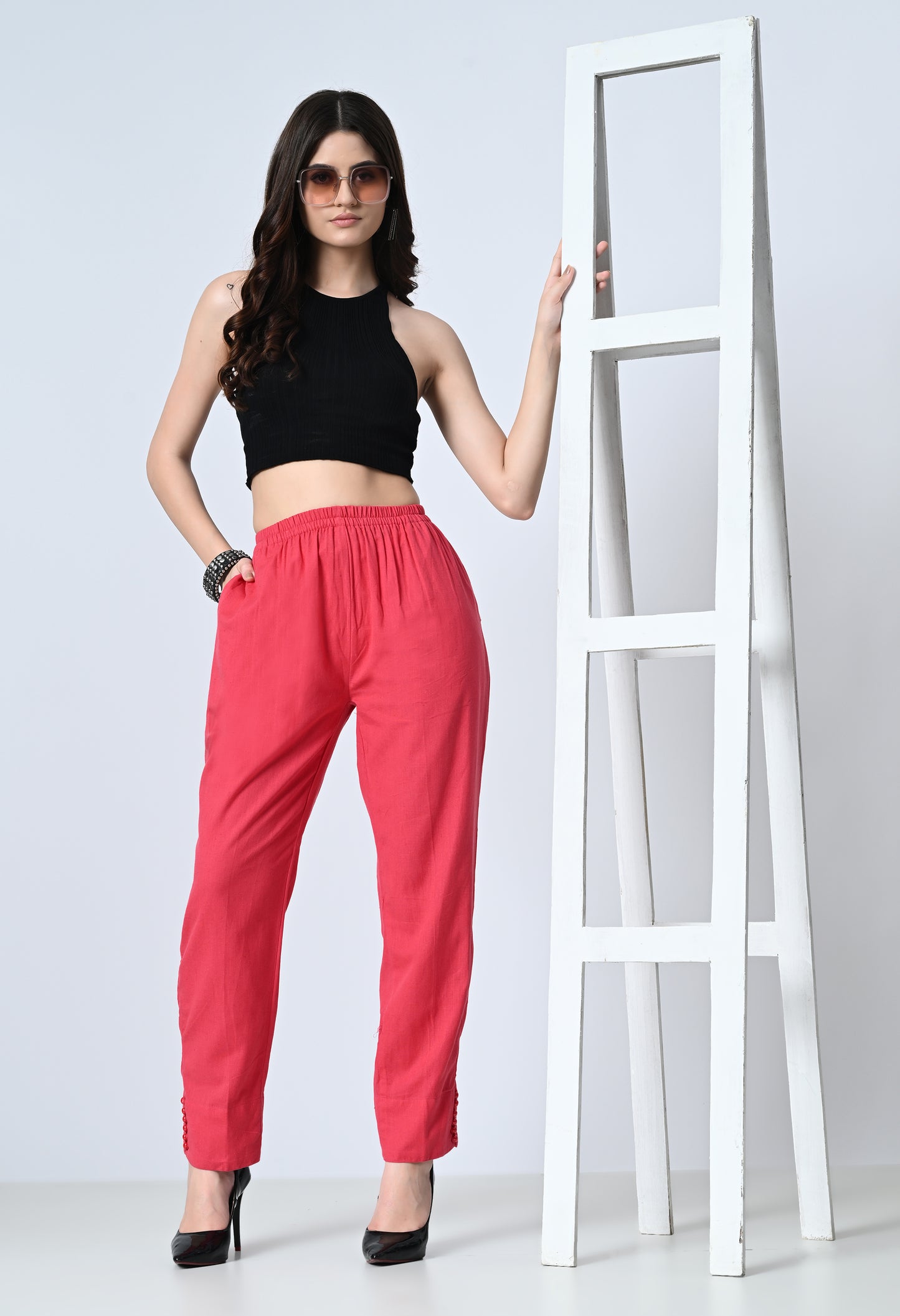 MAURYA Women’s Cotton Straight Fit Pants with Side Pockets & Button Detail